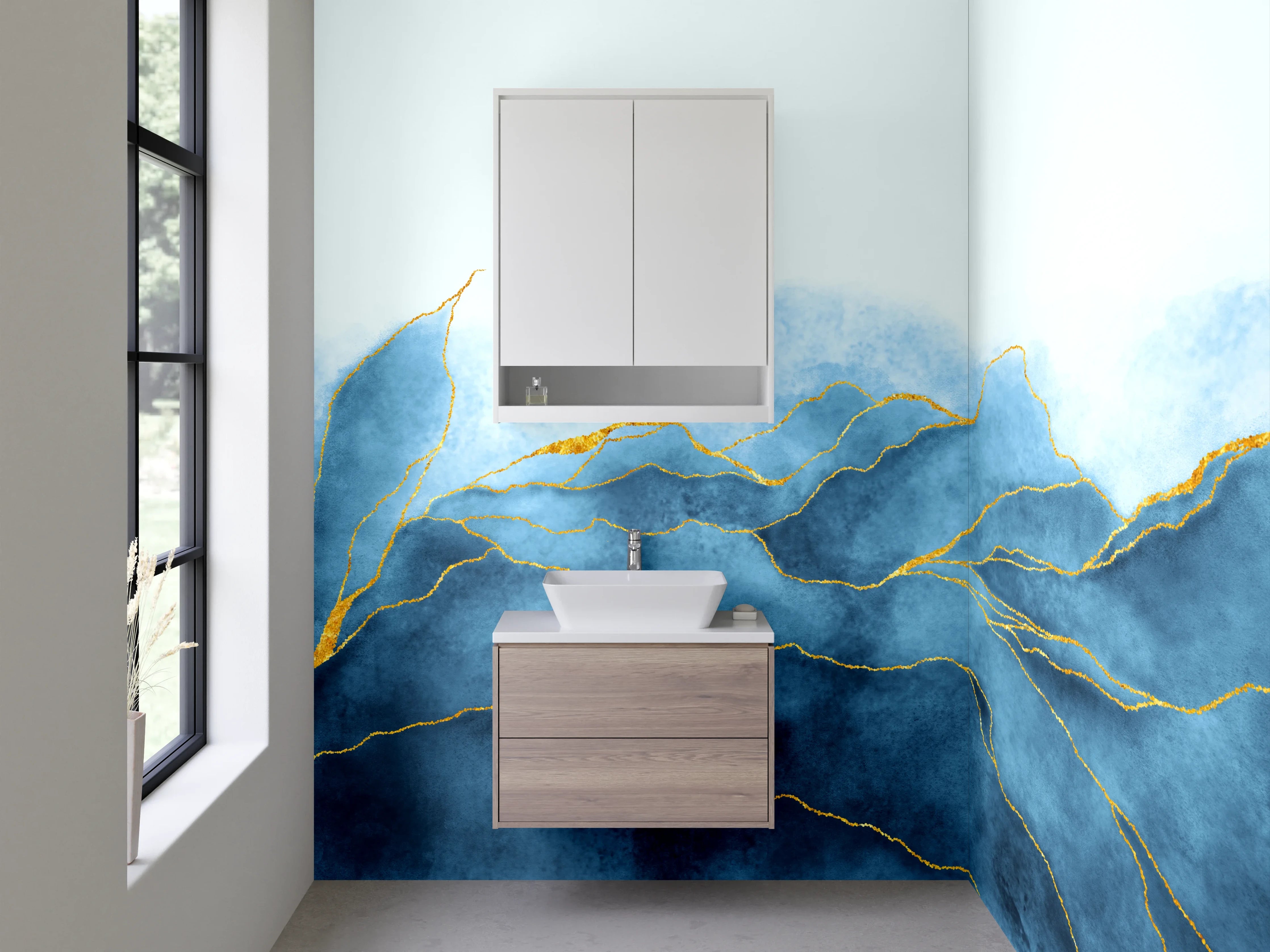 Waschbecken-Rückwand - Blaugrüne Wasserlandschaft mit Goldakzenten