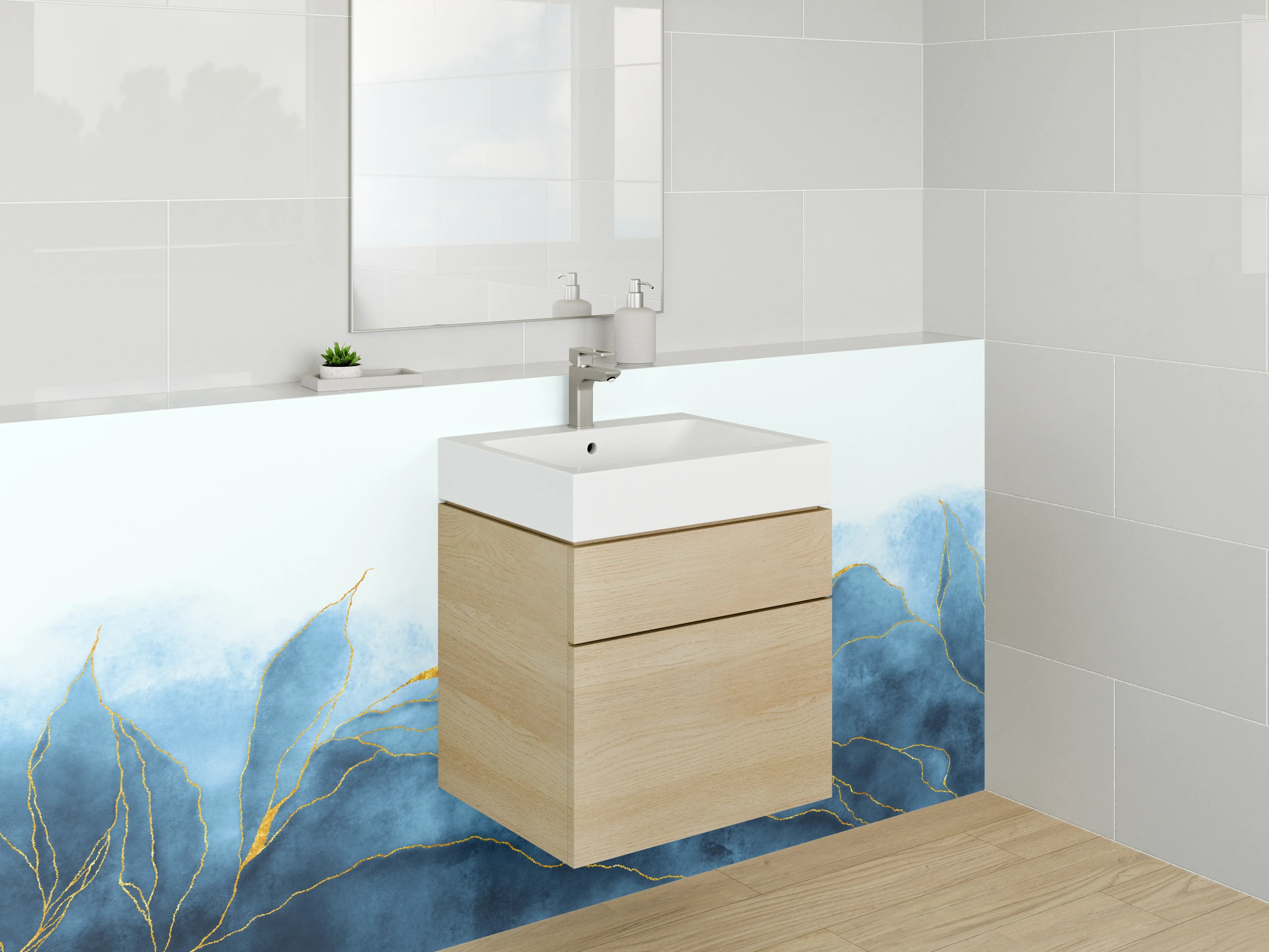 Waschbecken-Rückwand - Blaugrüne Wasserlandschaft mit Goldakzenten
