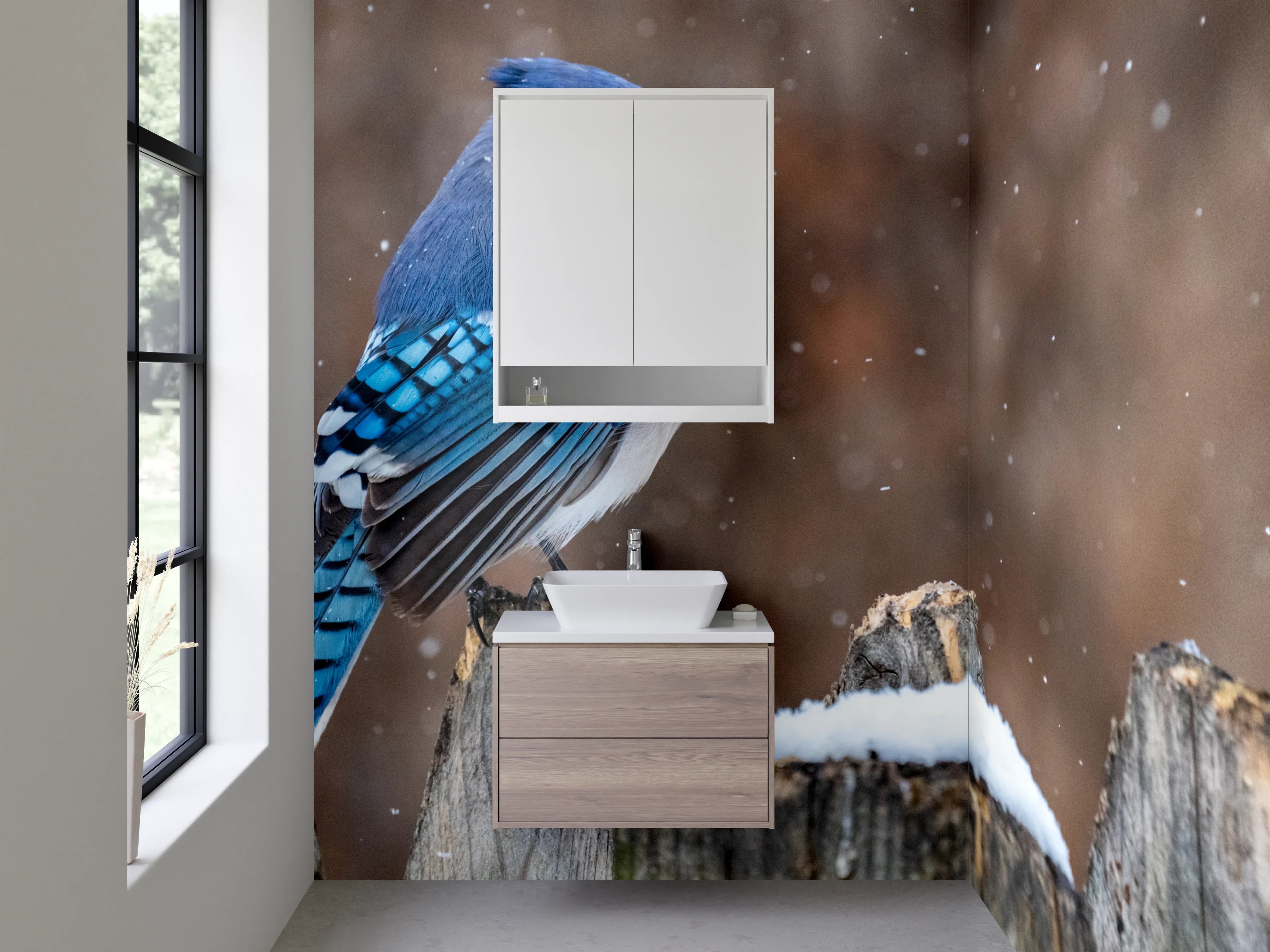 Waschbecken-Rückwand - Blauhäher im Winter – Fotomotiv