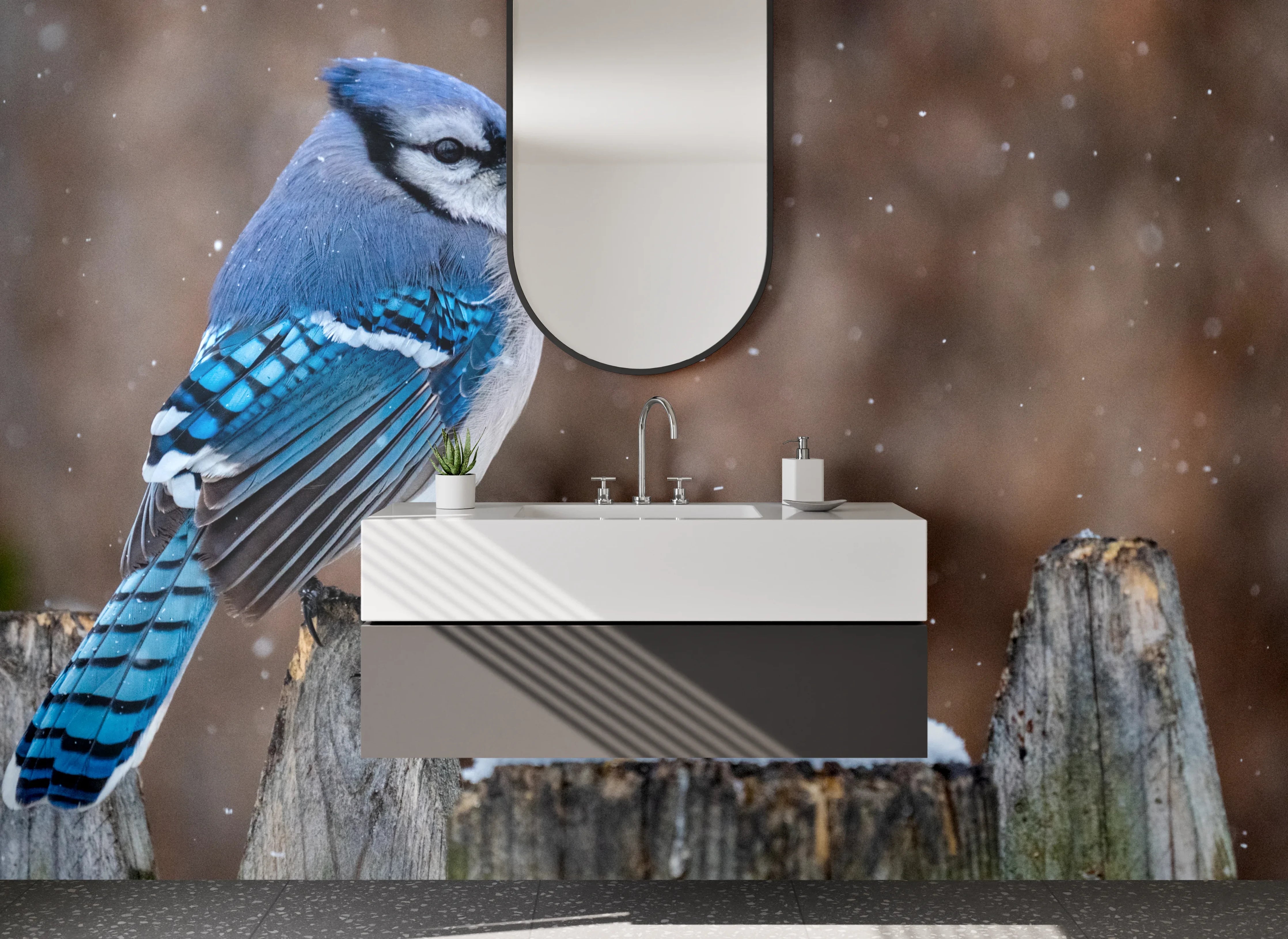 Waschbecken-Rückwand - Blauhäher im Winter – Fotomotiv