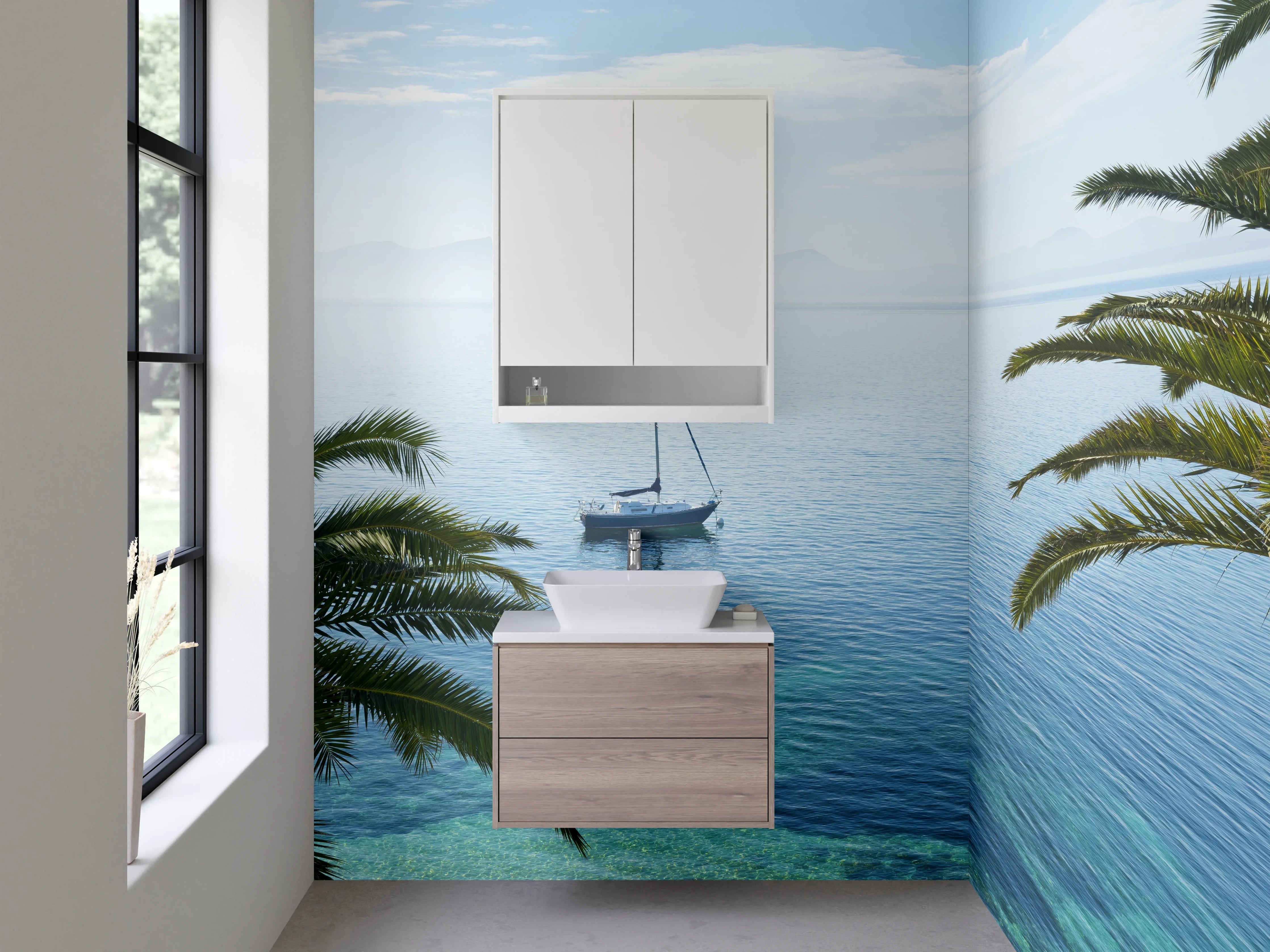 Waschbecken-Rückwand - Blick auf das Meer mit Segelboot