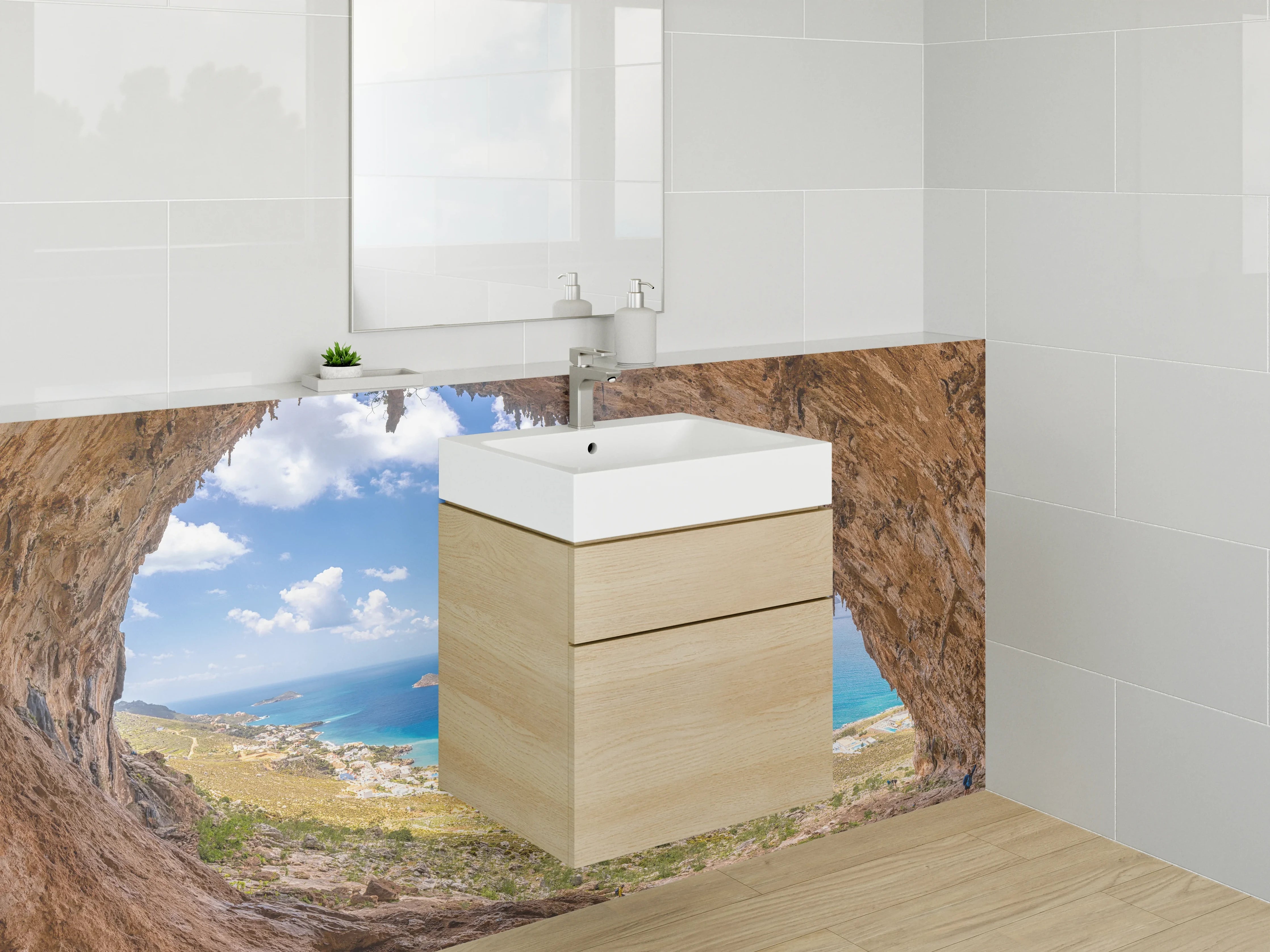 Waschbecken-Rückwand - Blick aus einer Felsenhöhle auf das Meer