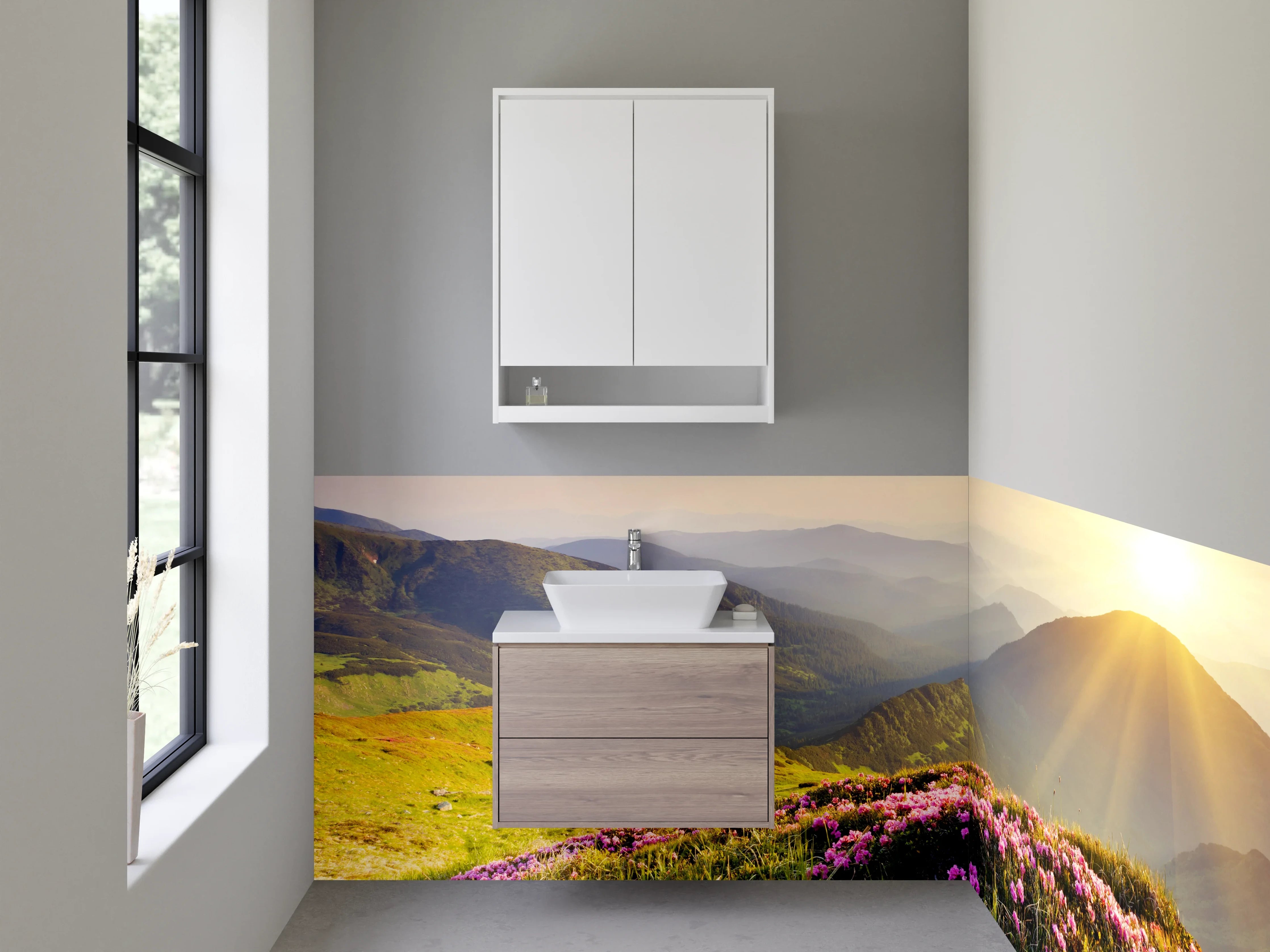 Waschbecken-Rückwand - Blühende Berglandschaft Sonnenaufgang Wiese