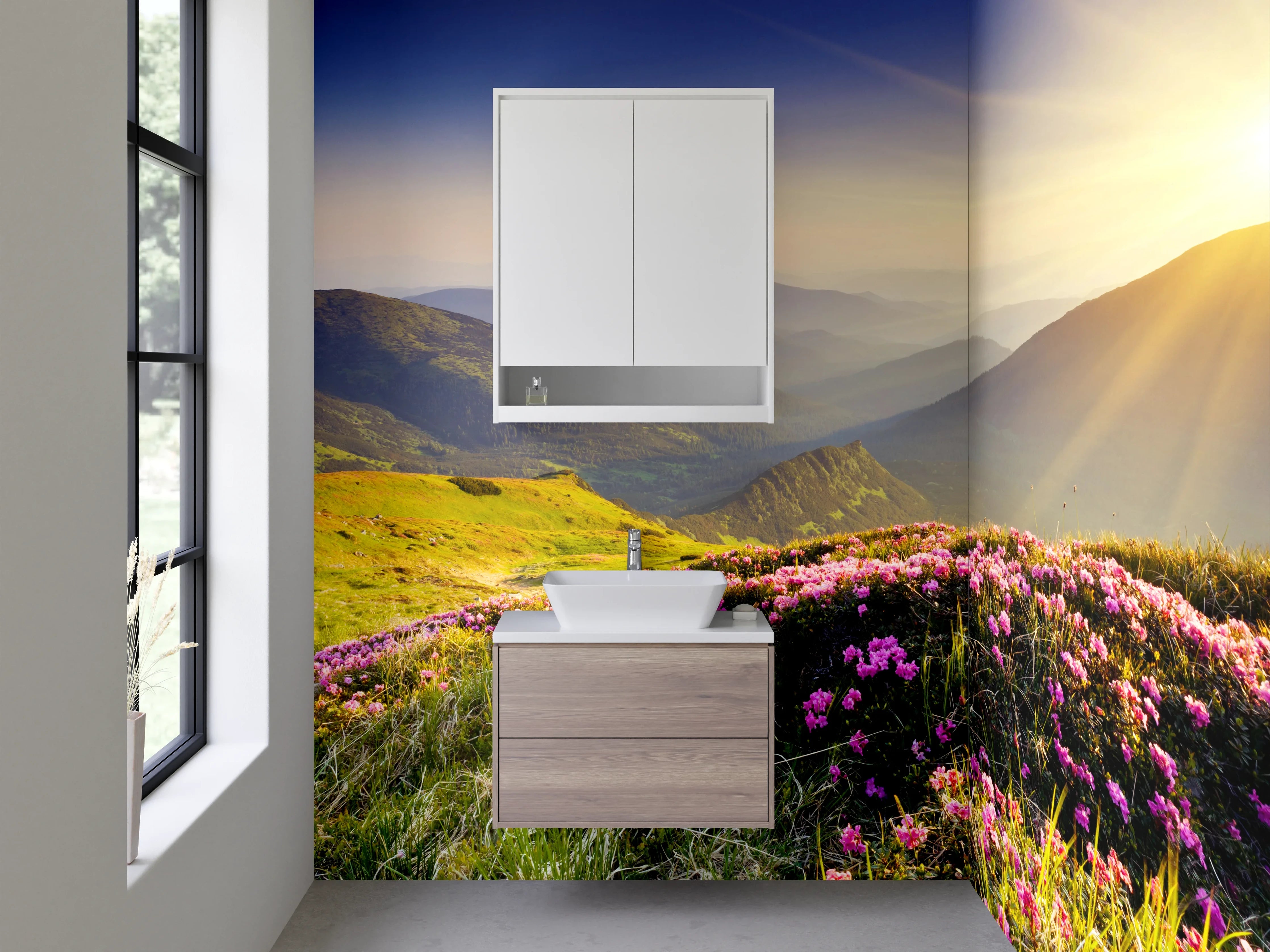 Waschbecken-Rückwand - Blühende Berglandschaft Sonnenaufgang Wiese
