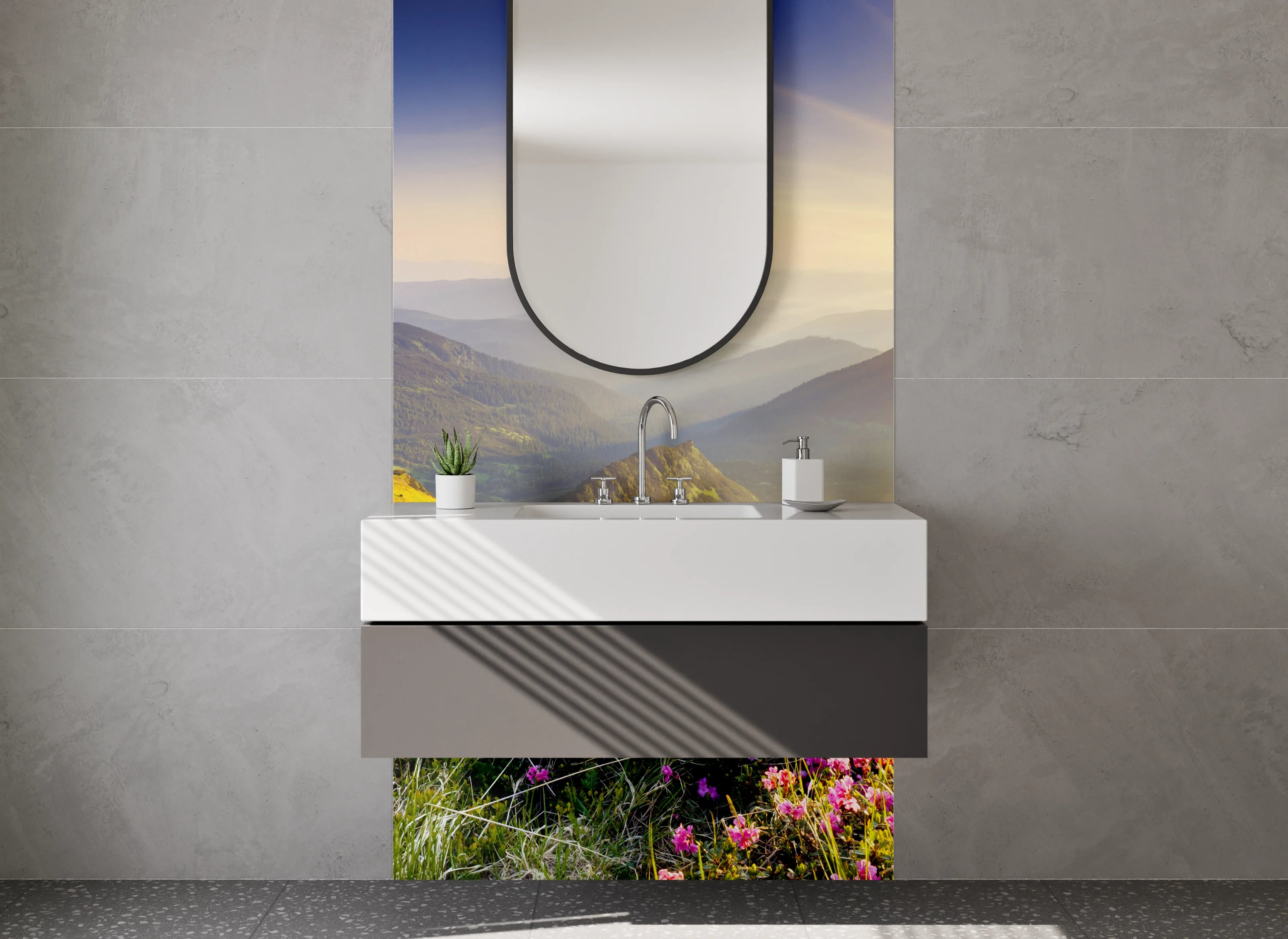 Waschbecken-Rückwand - Blühende Berglandschaft Sonnenaufgang Wiese