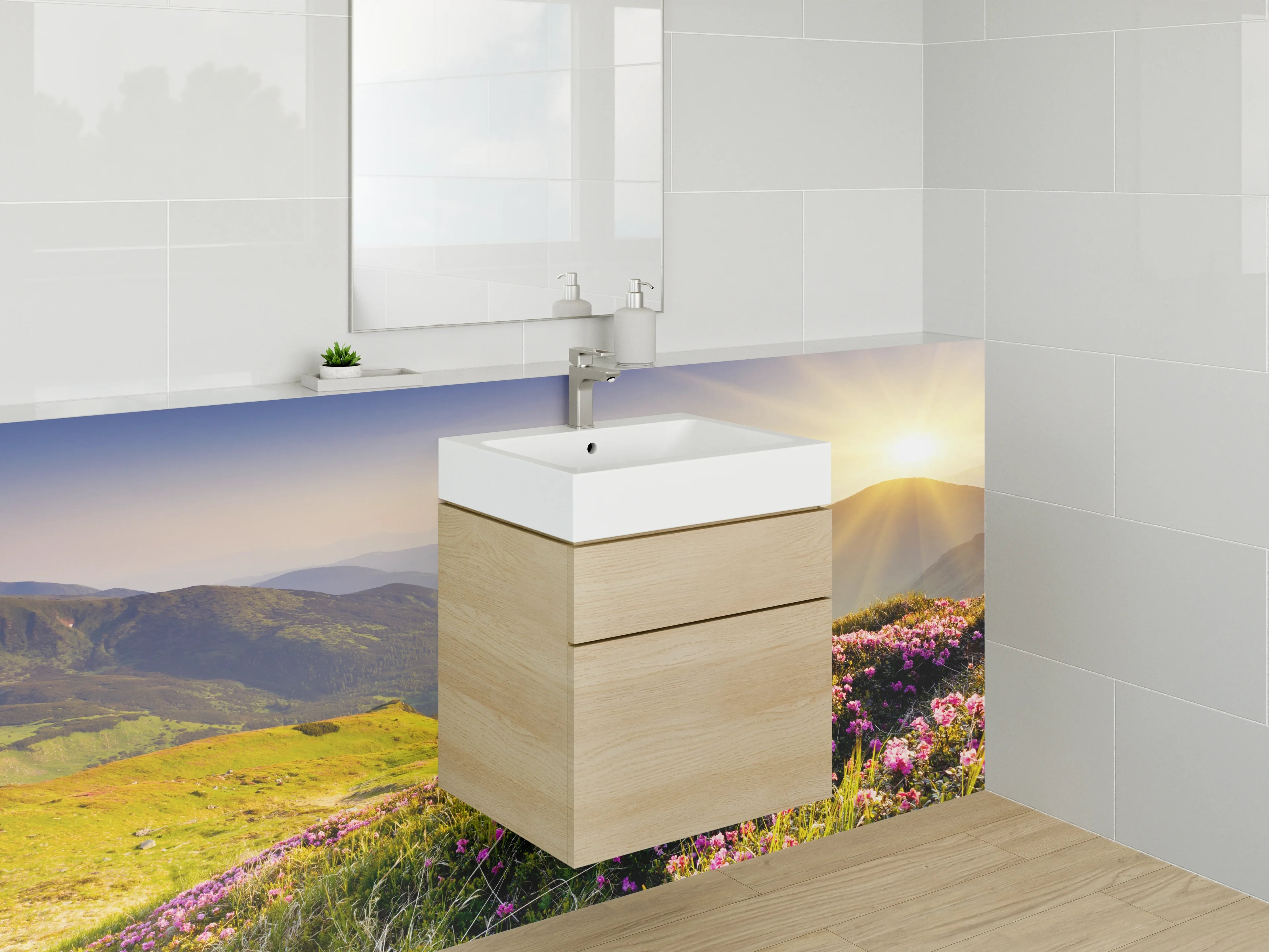 Waschbecken-Rückwand - Blühende Berglandschaft Sonnenaufgang Wiese