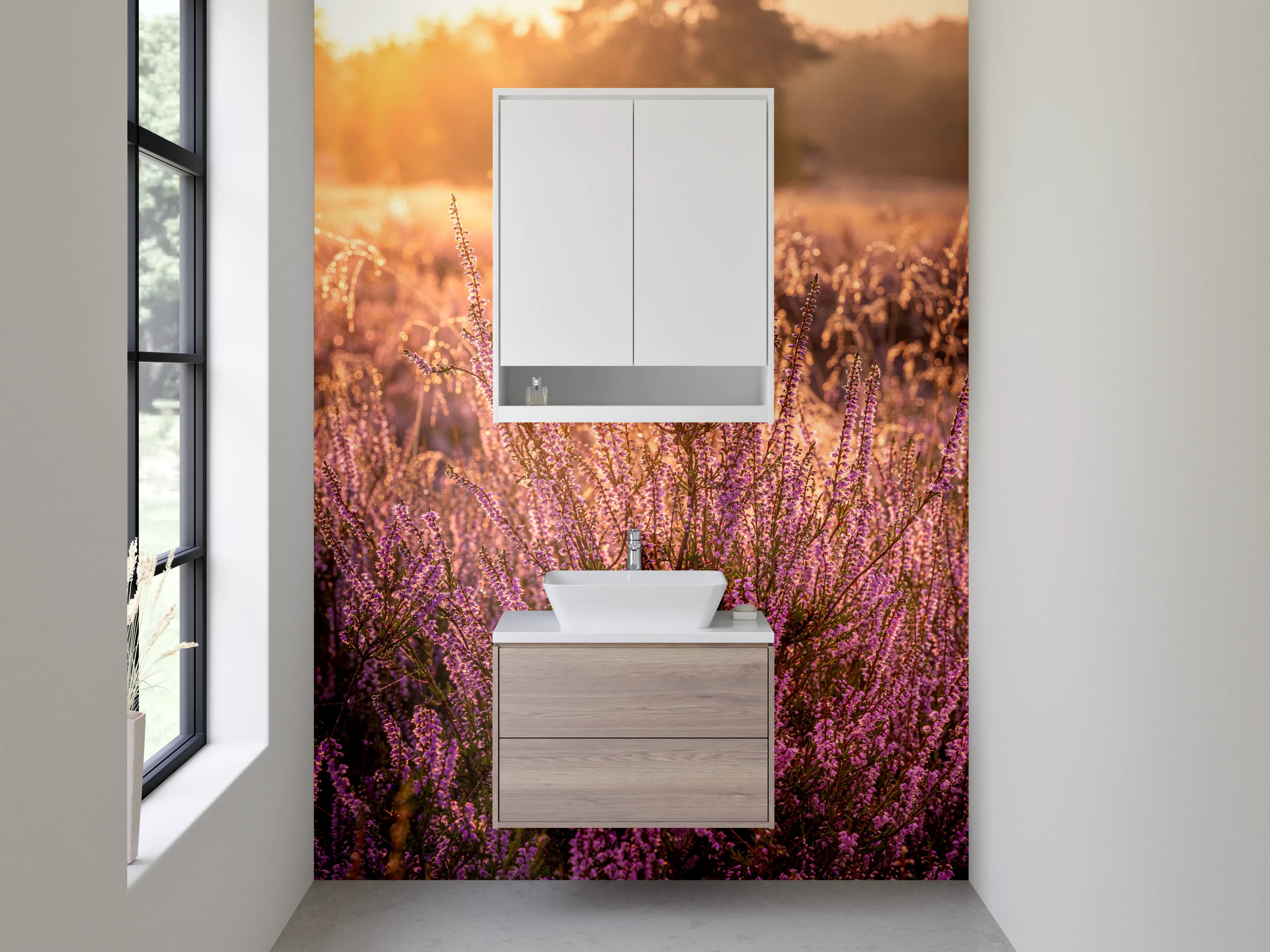Waschbecken-Rückwand - Blühende Heide im Sonnenaufgang