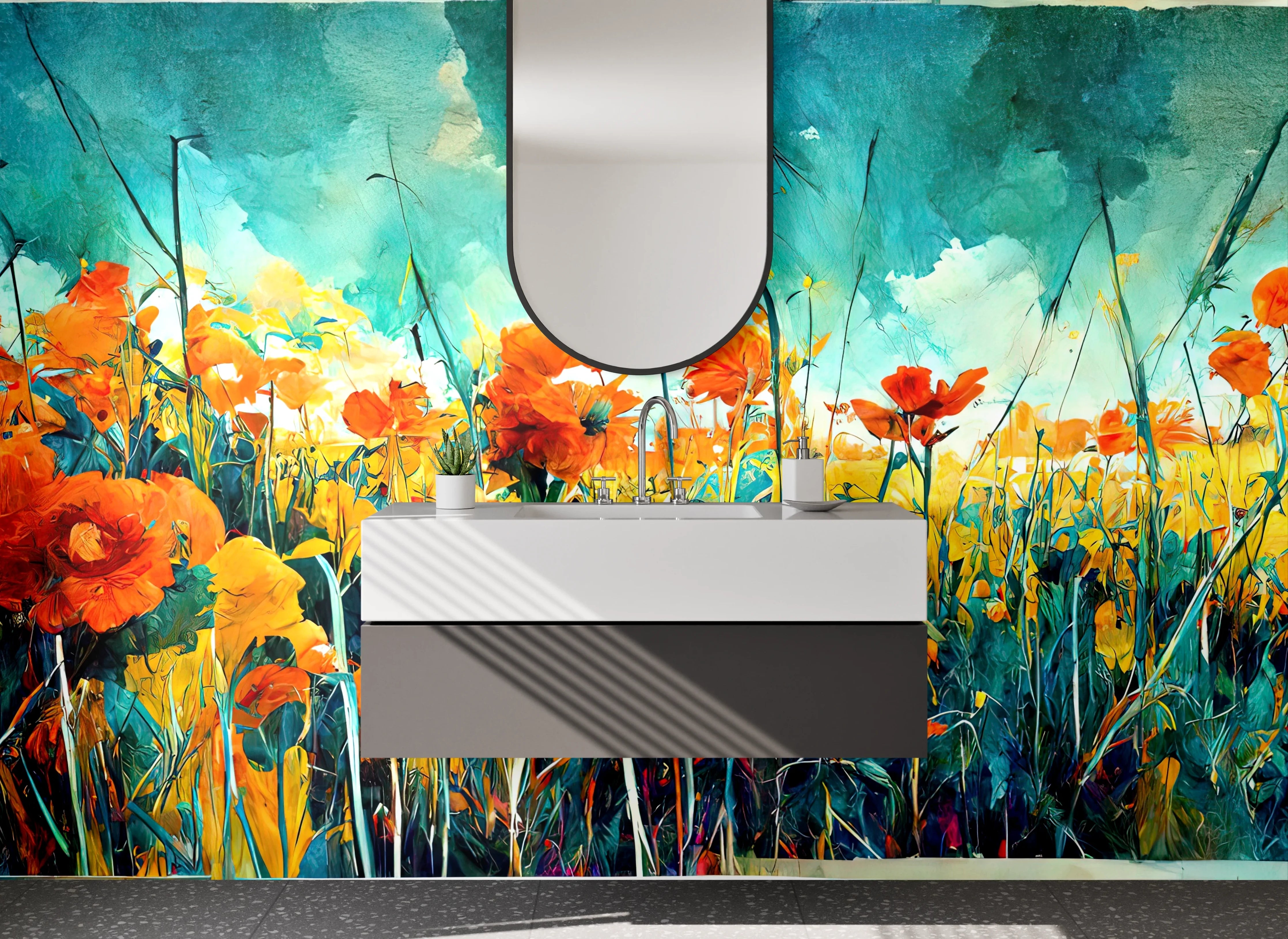 Waschbecken-Rückwand - Blühendes Blumenfeld in lebendigen Farben