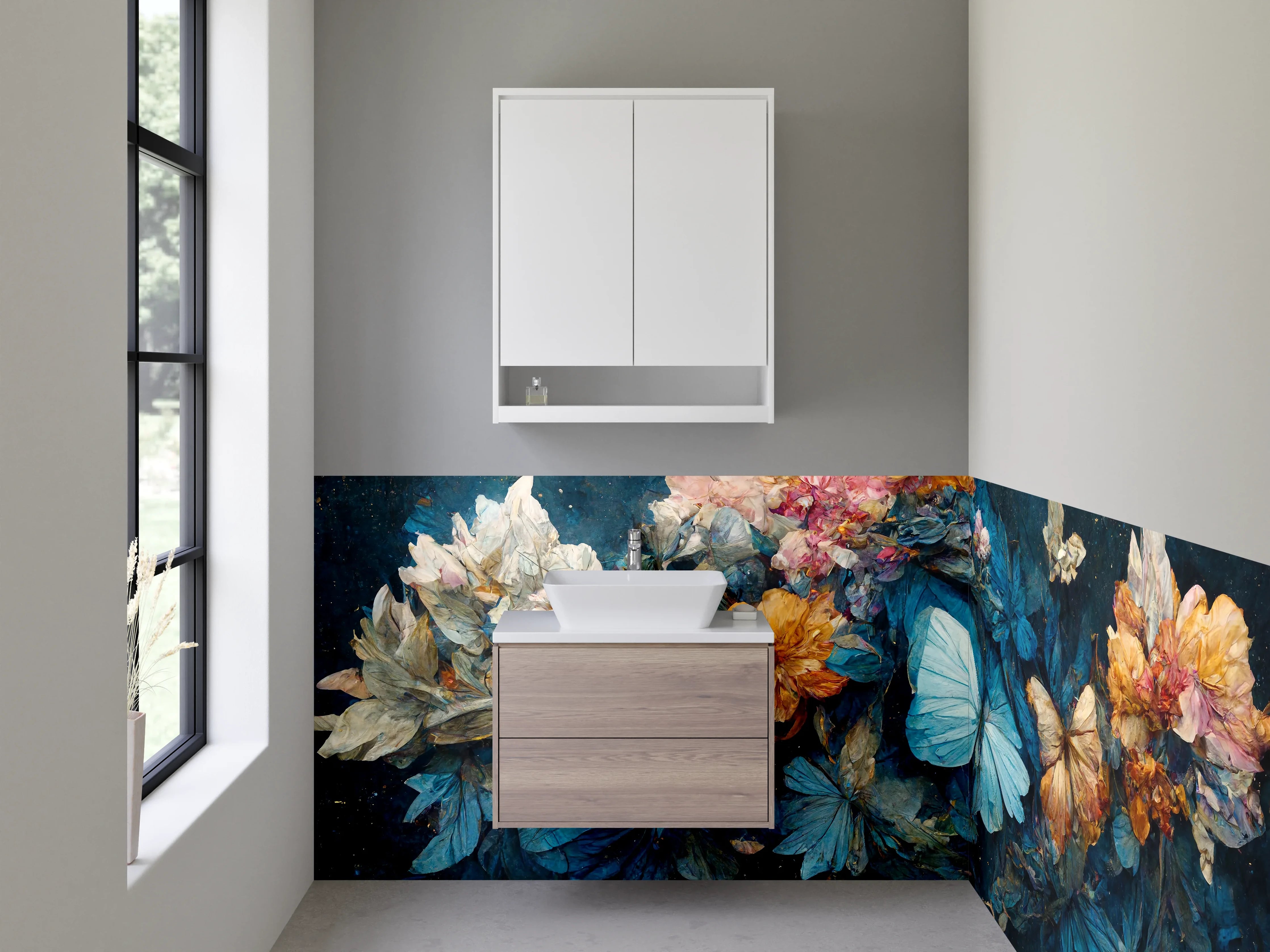 Waschbecken-Rückwand - Blüten und Schmetterlinge Aquarell Kunst