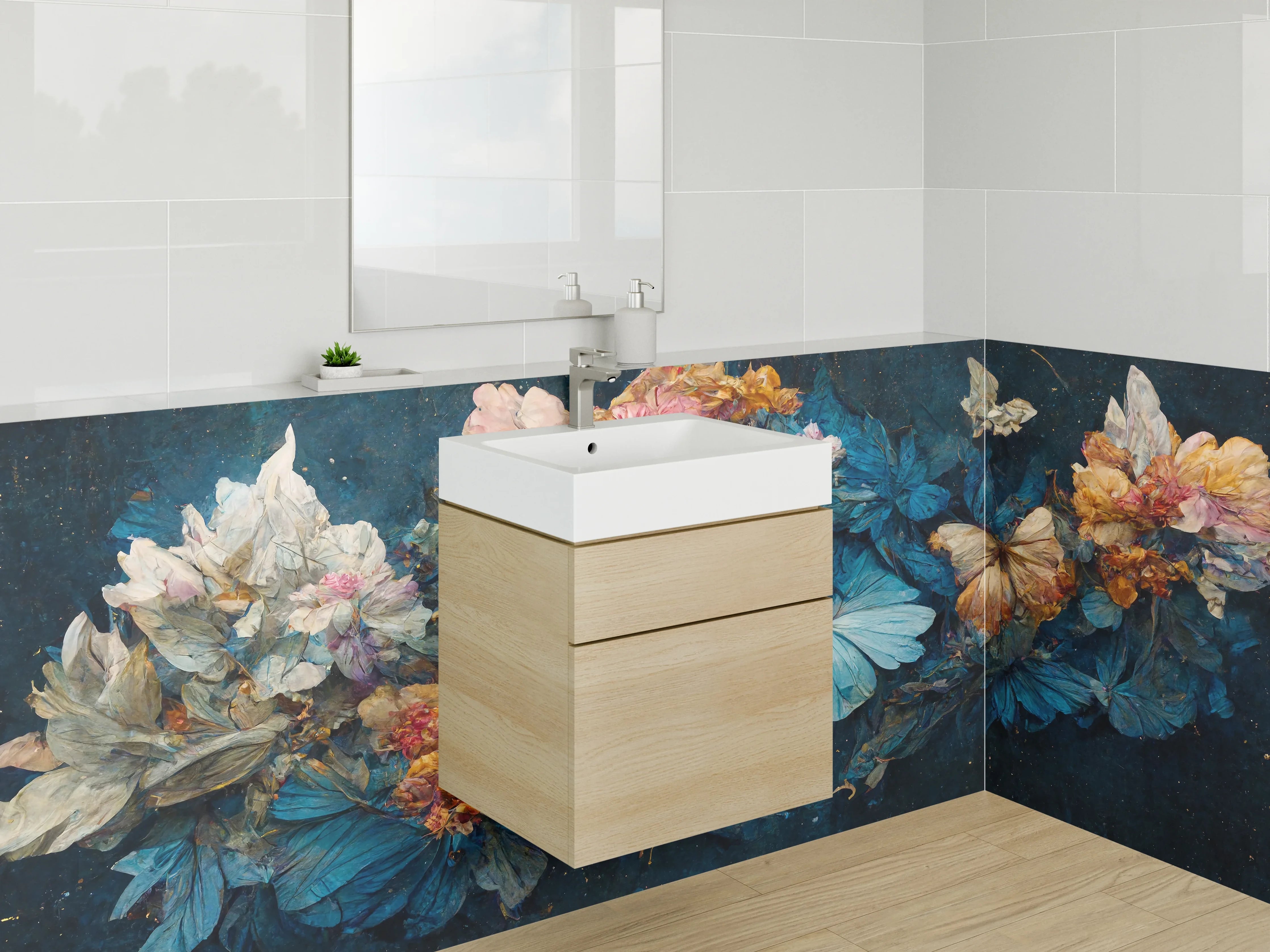 Waschbecken-Rückwand - Blüten und Schmetterlinge Aquarell Kunst