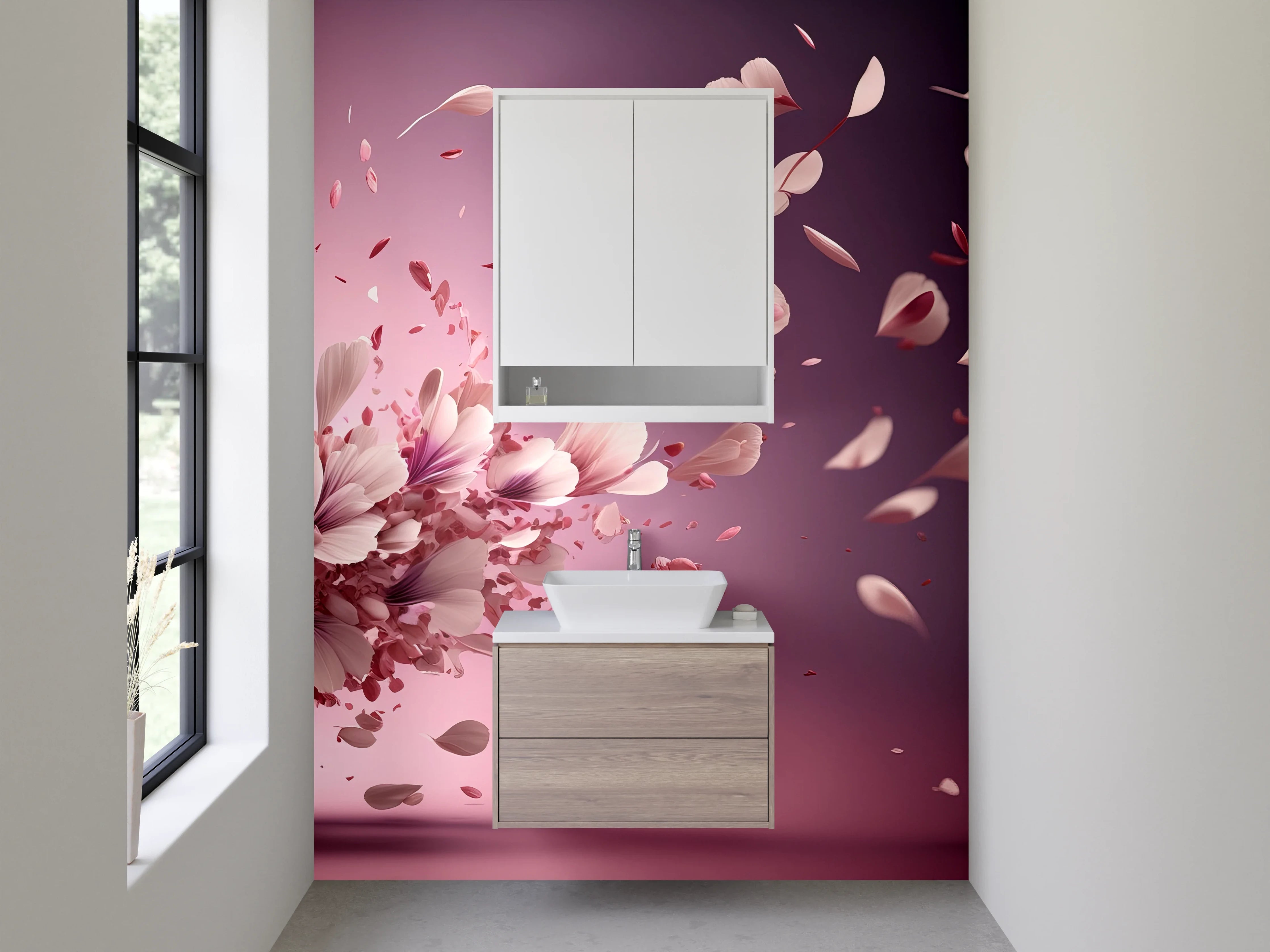 Waschbecken-Rückwand - Blütenflug in Rosa & Pink