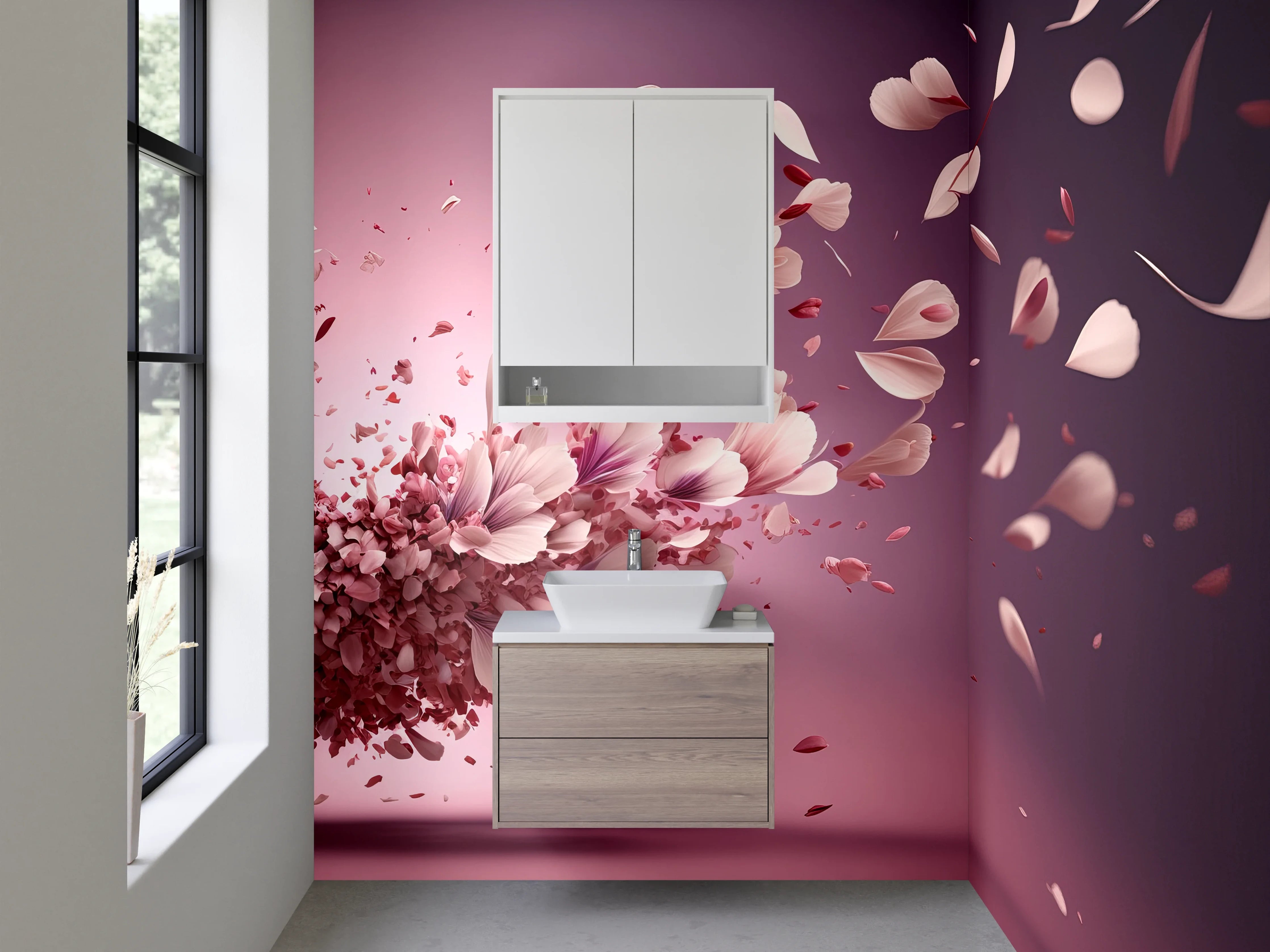 Waschbecken-Rückwand - Blütenflug in Rosa & Pink