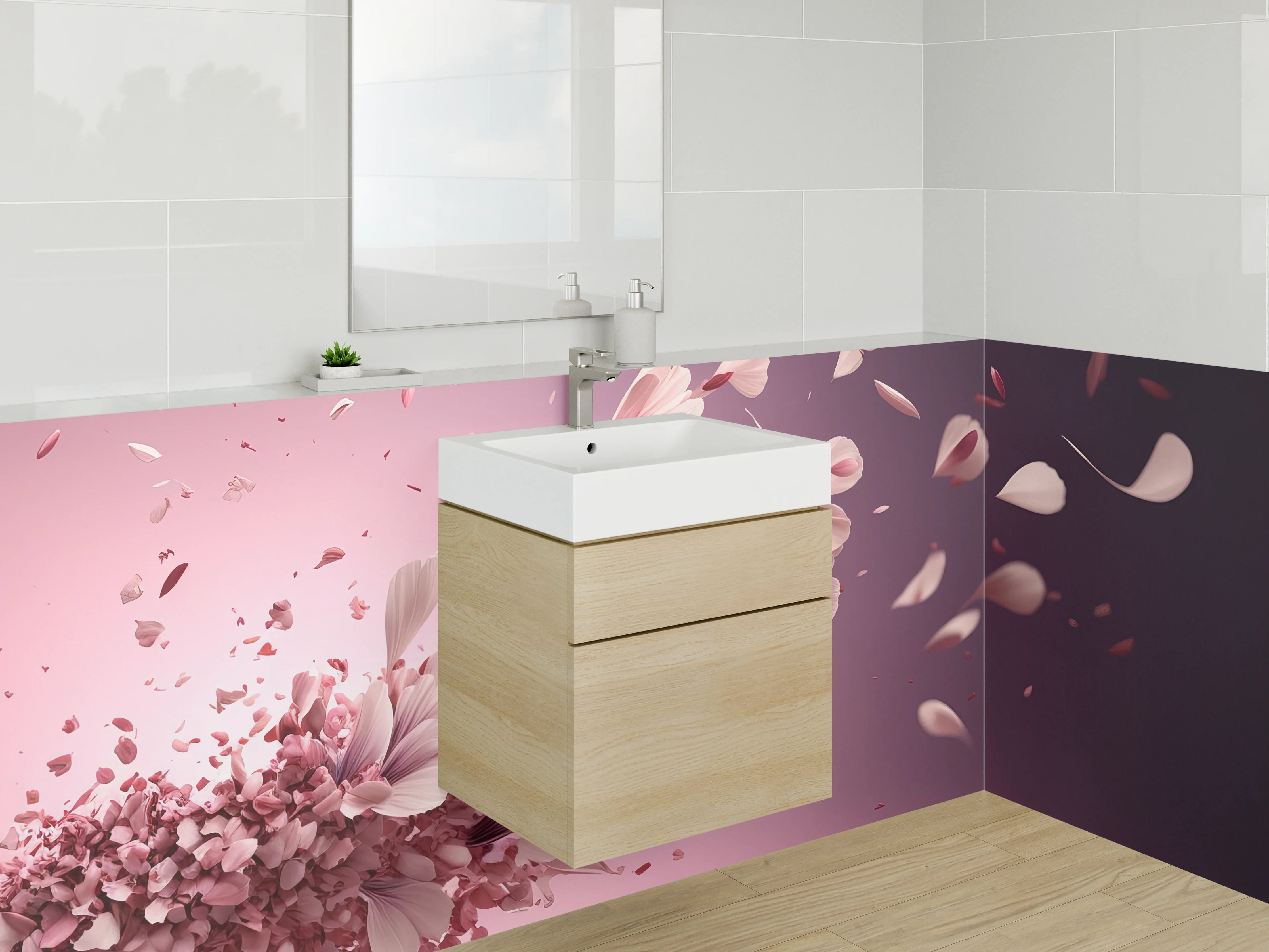 Waschbecken-Rückwand - Blütenflug in Rosa & Pink