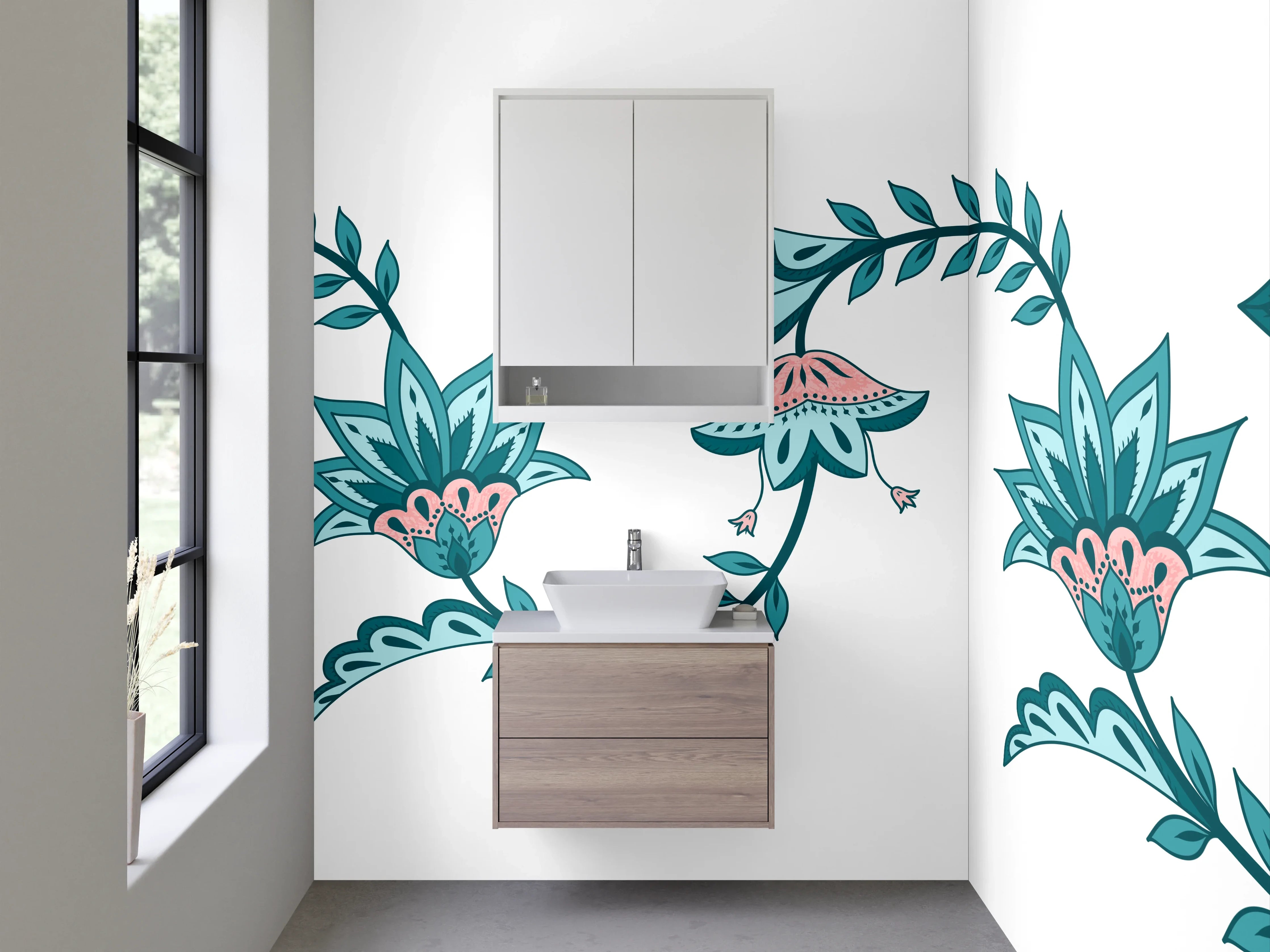 Waschbecken-Rückwand - Blütenornament in Türkis, Rosa & Grau