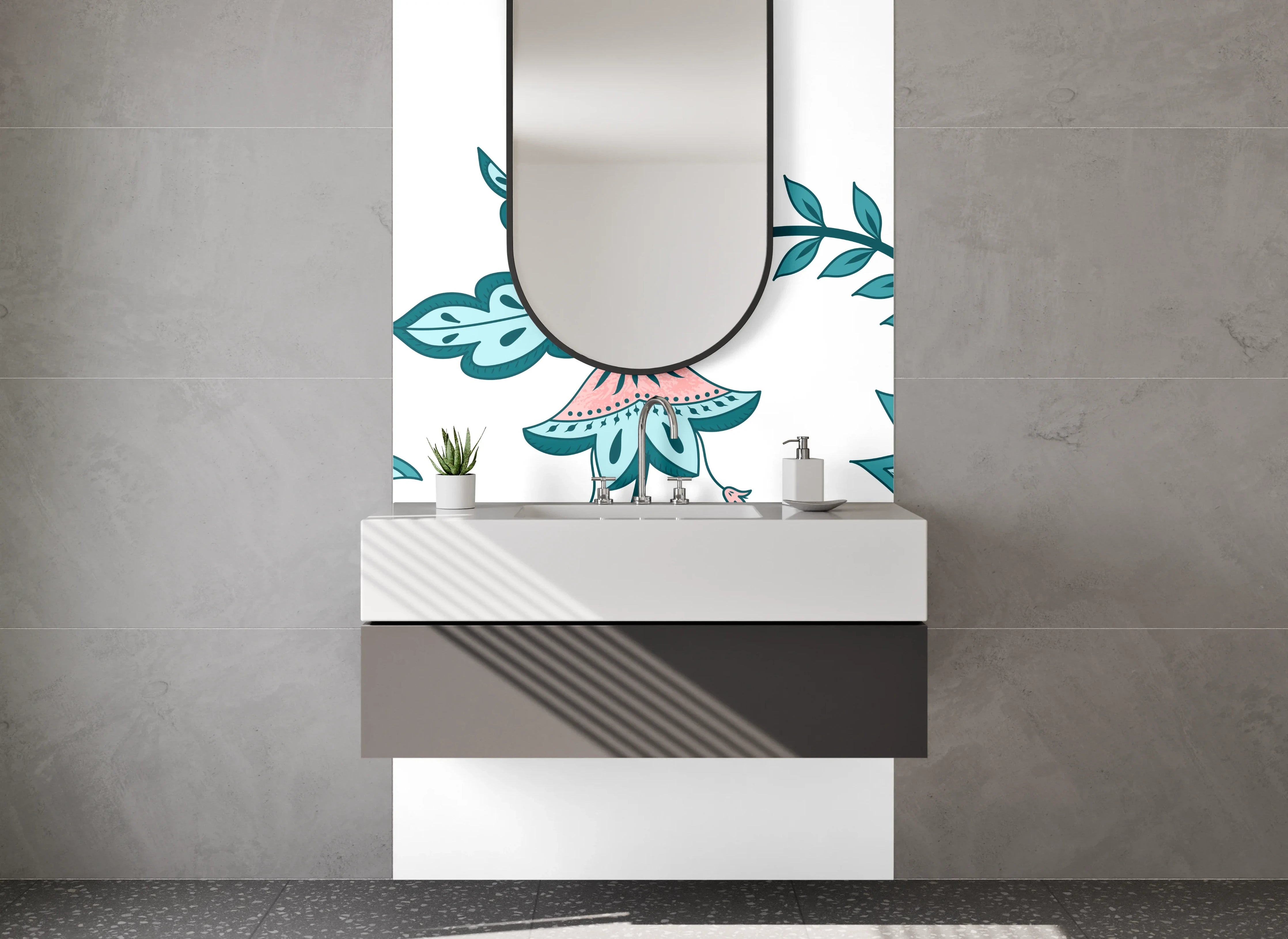 Waschbecken-Rückwand - Blütenornament in Türkis, Rosa & Grau