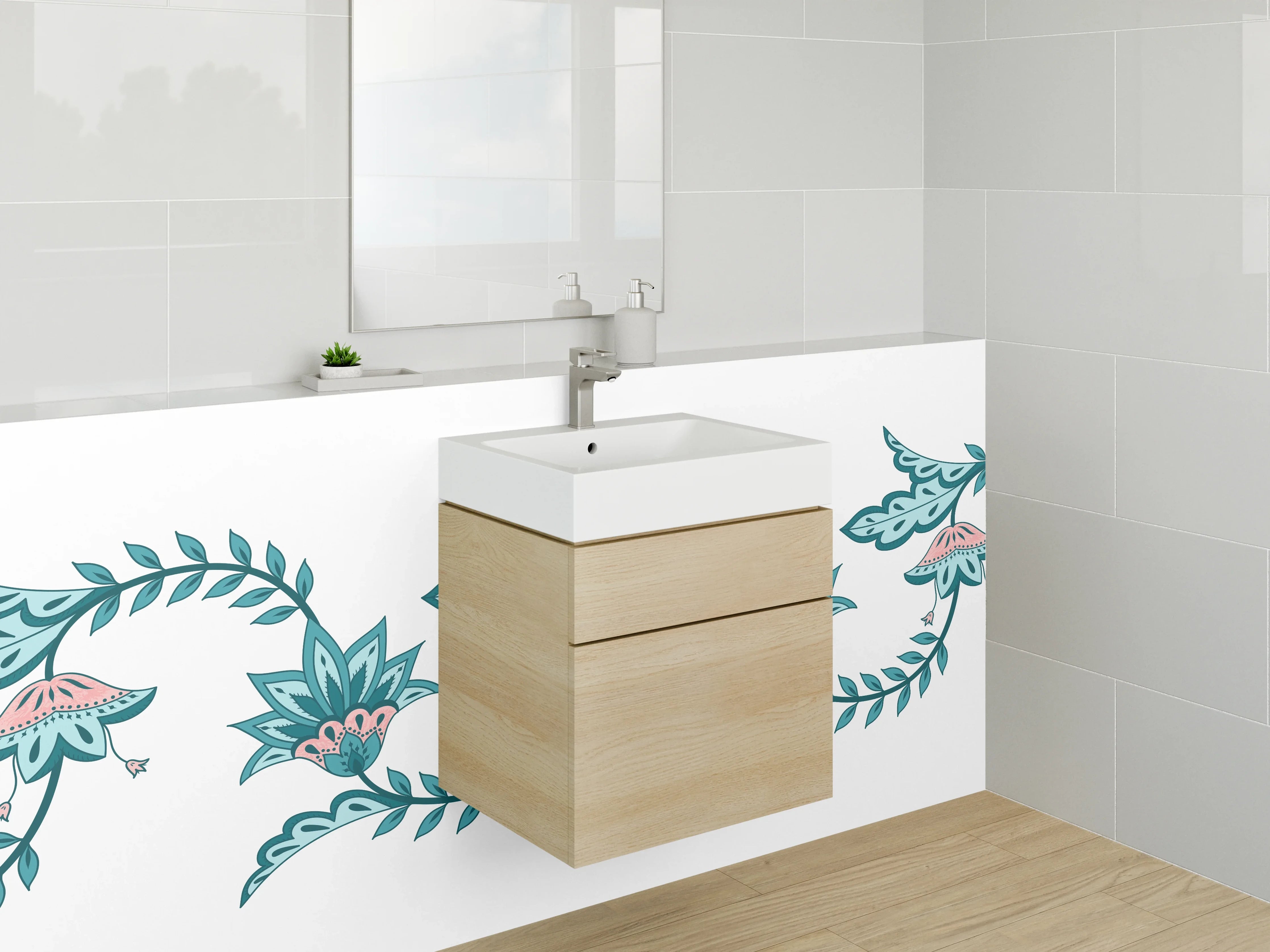 Waschbecken-Rückwand - Blütenornament in Türkis, Rosa & Grau