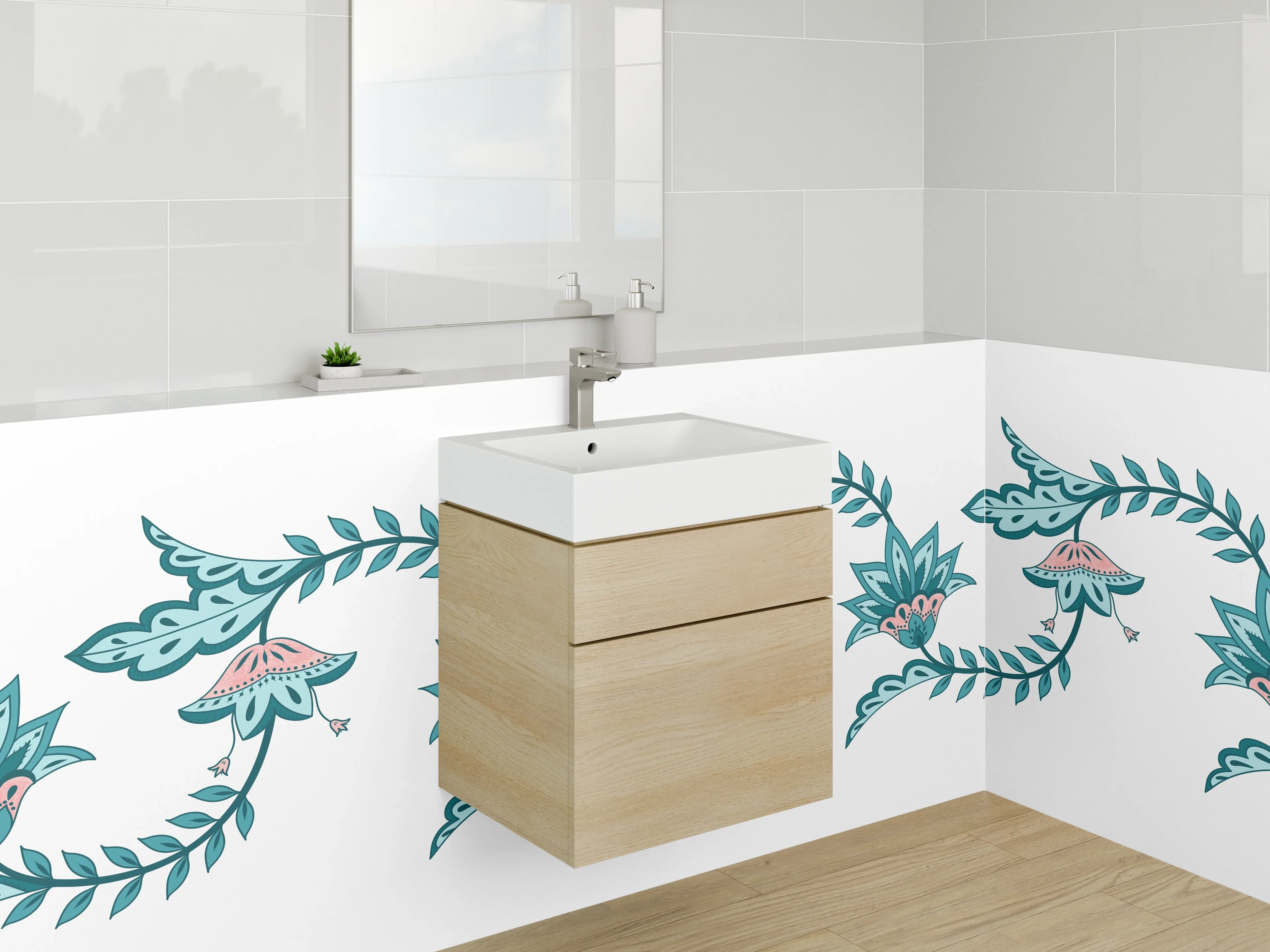 Waschbecken-Rückwand - Blütenornament in Türkis, Rosa & Grau