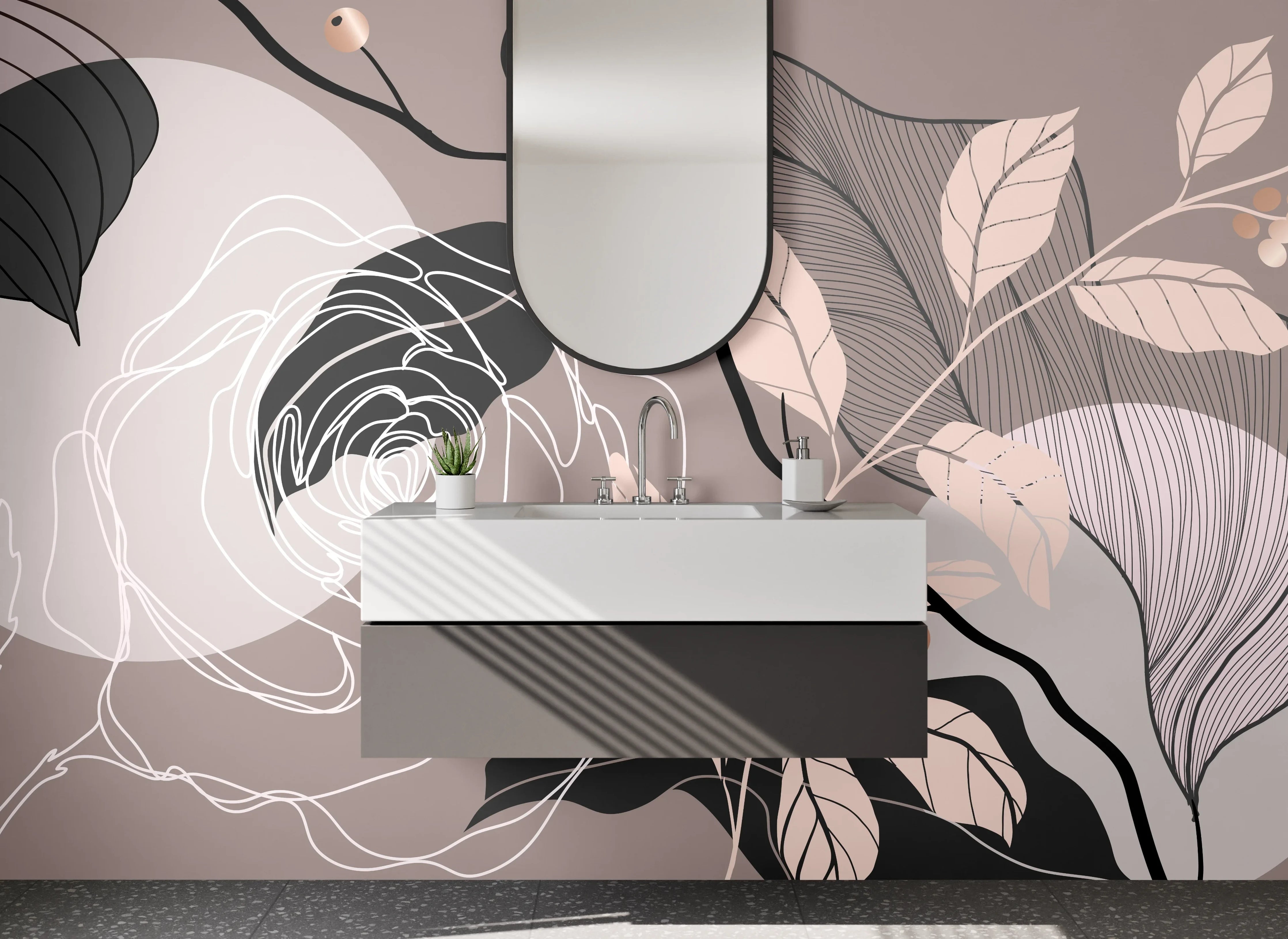 Waschbecken-Rückwand - Blumen Lineart auf Beige Hintergrund