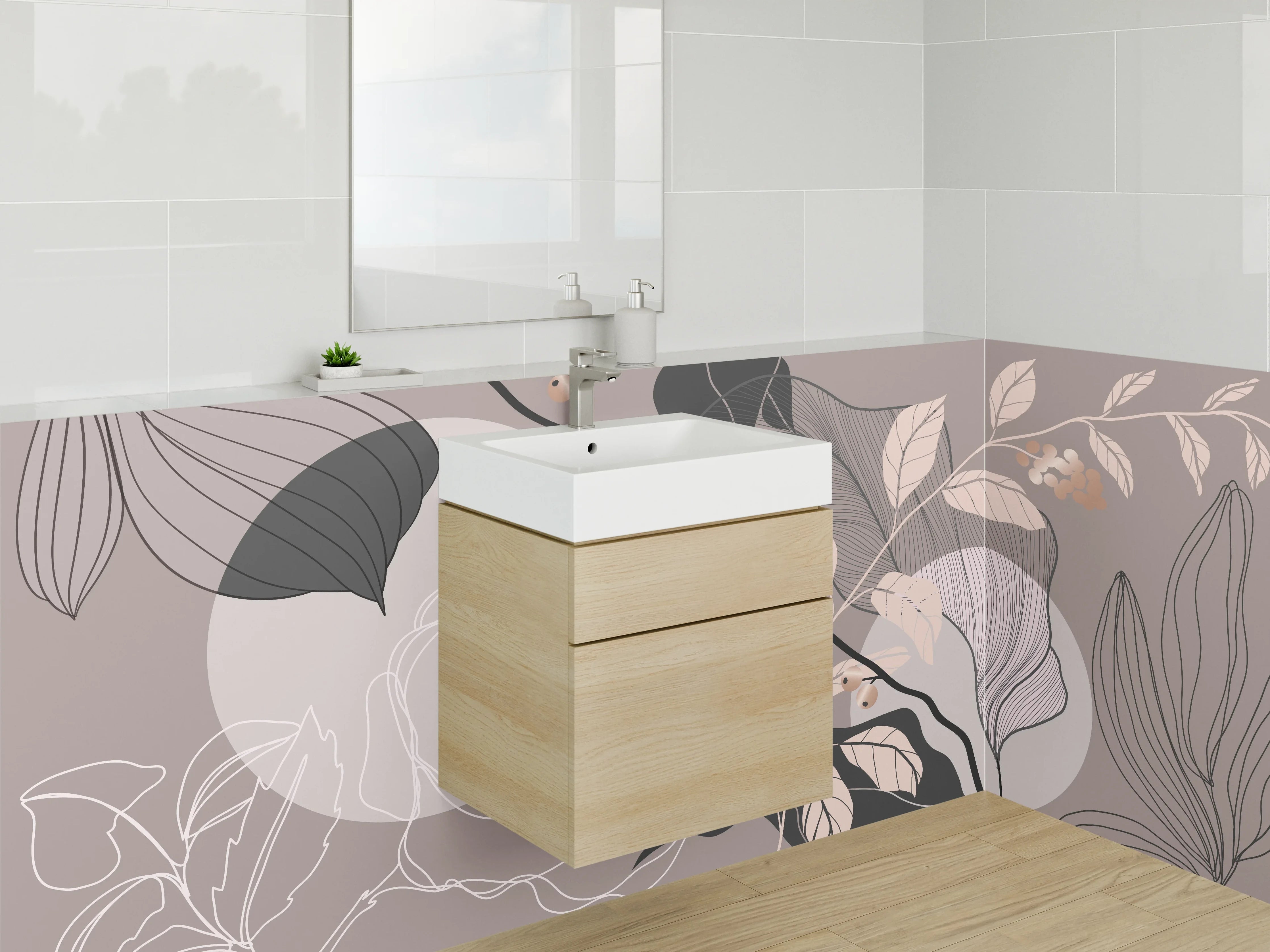 Waschbecken-Rückwand - Blumen Lineart auf Beige Hintergrund
