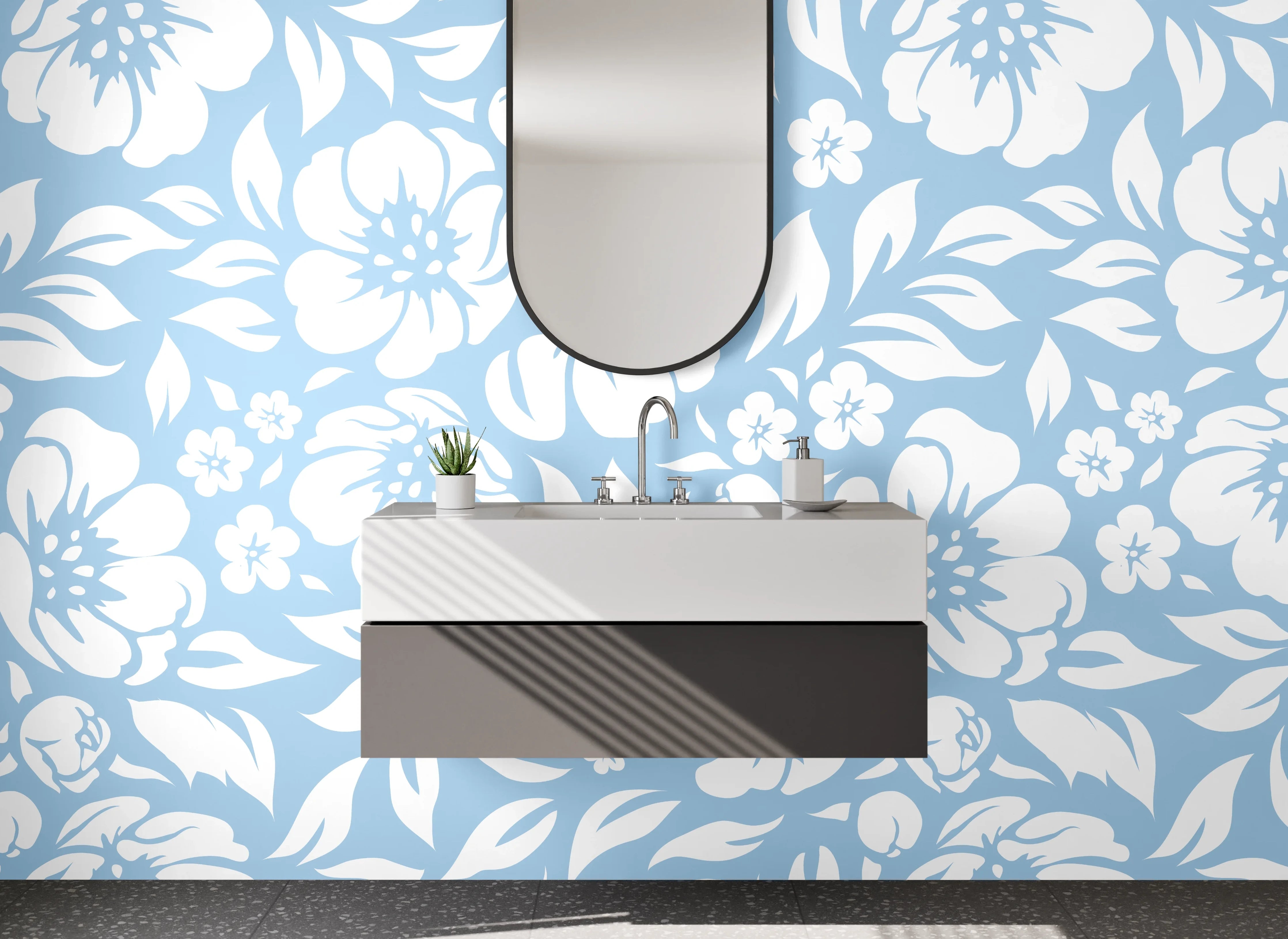 Waschbecken-Rückwand - Blumen im Blau-Grauweiß