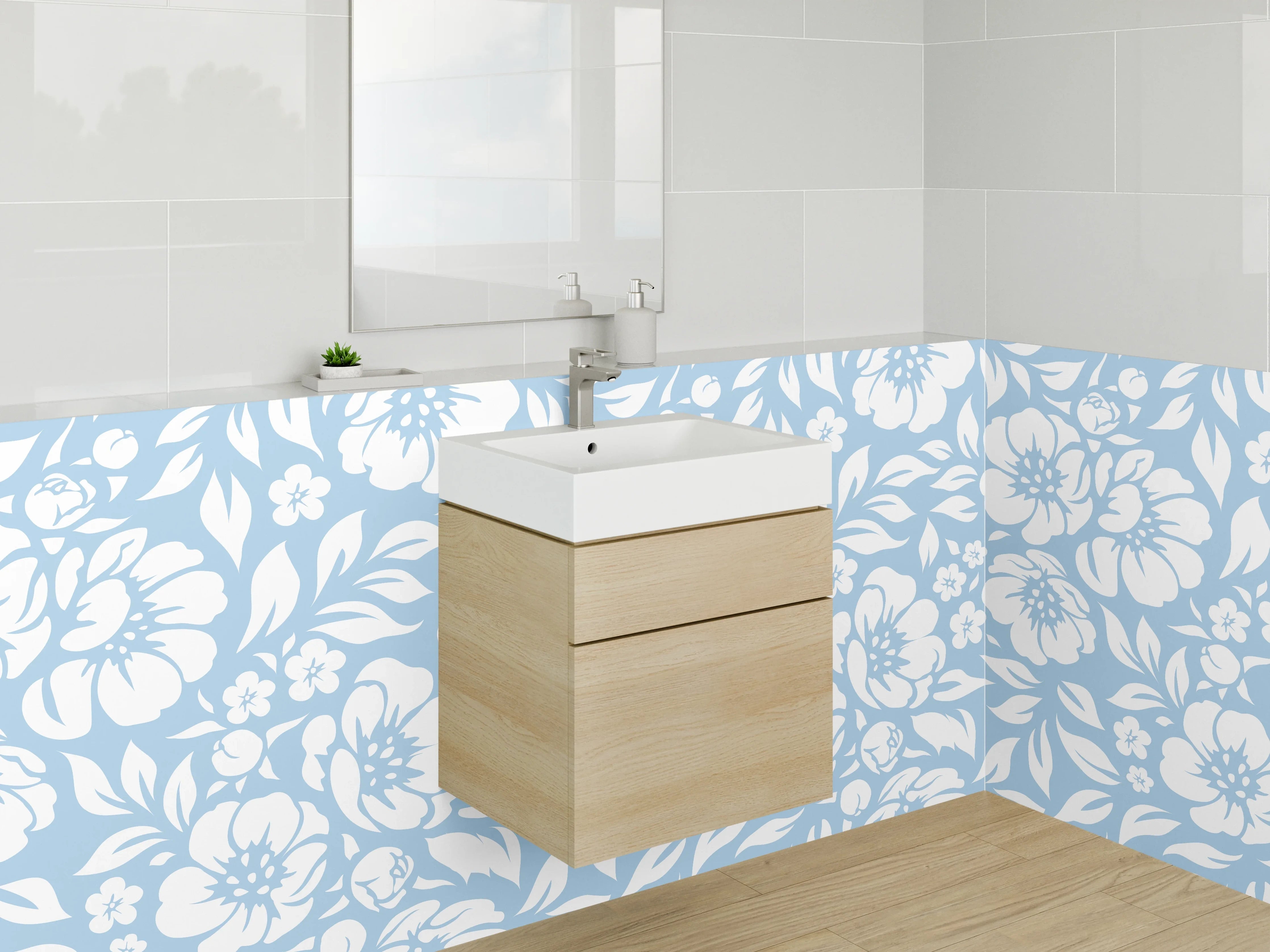 Waschbecken-Rückwand - Blumen im Blau-Grauweiß