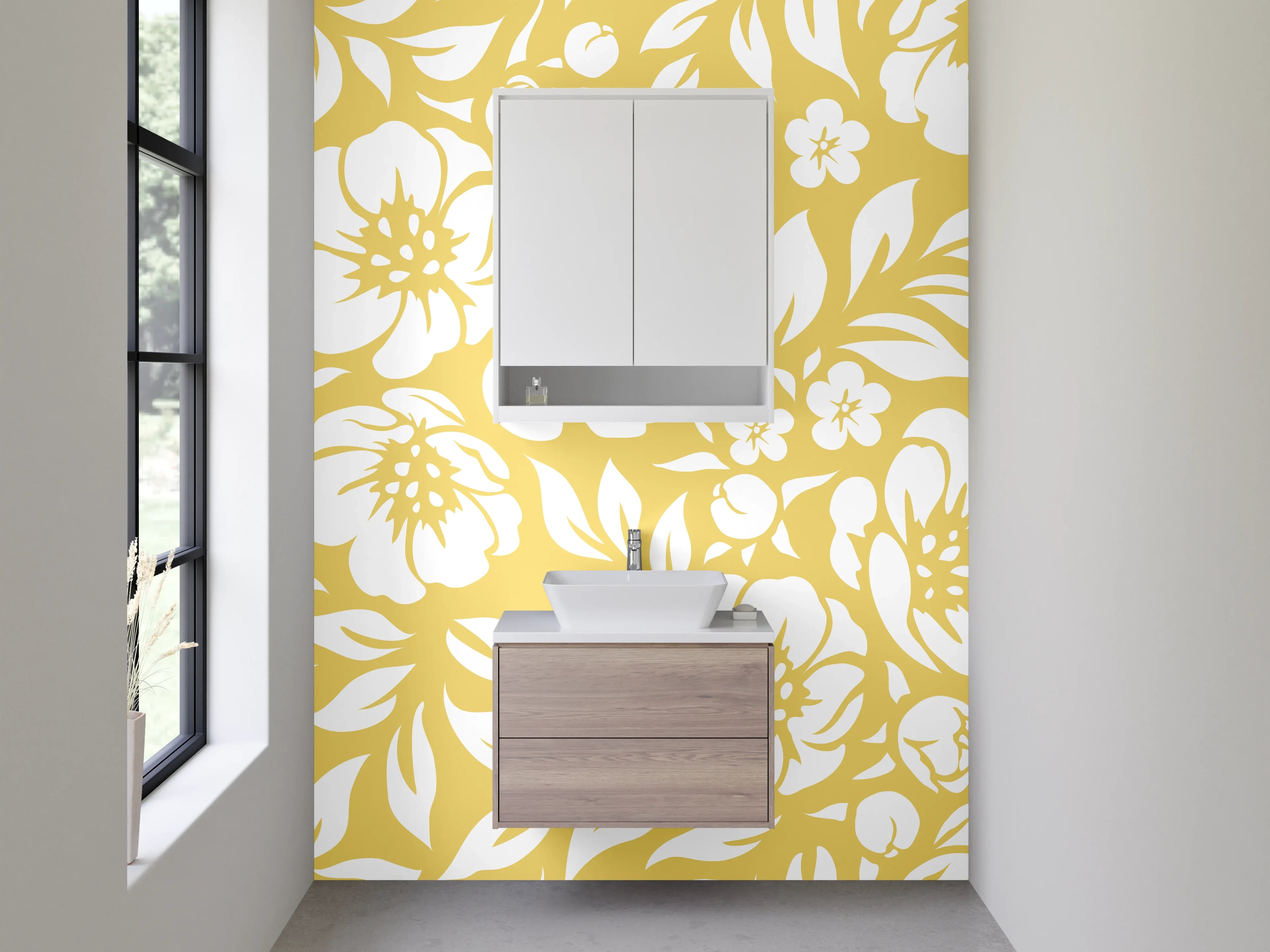 Waschbecken-Rückwand - Blumenmuster Gelb Weiß Wanddekor
