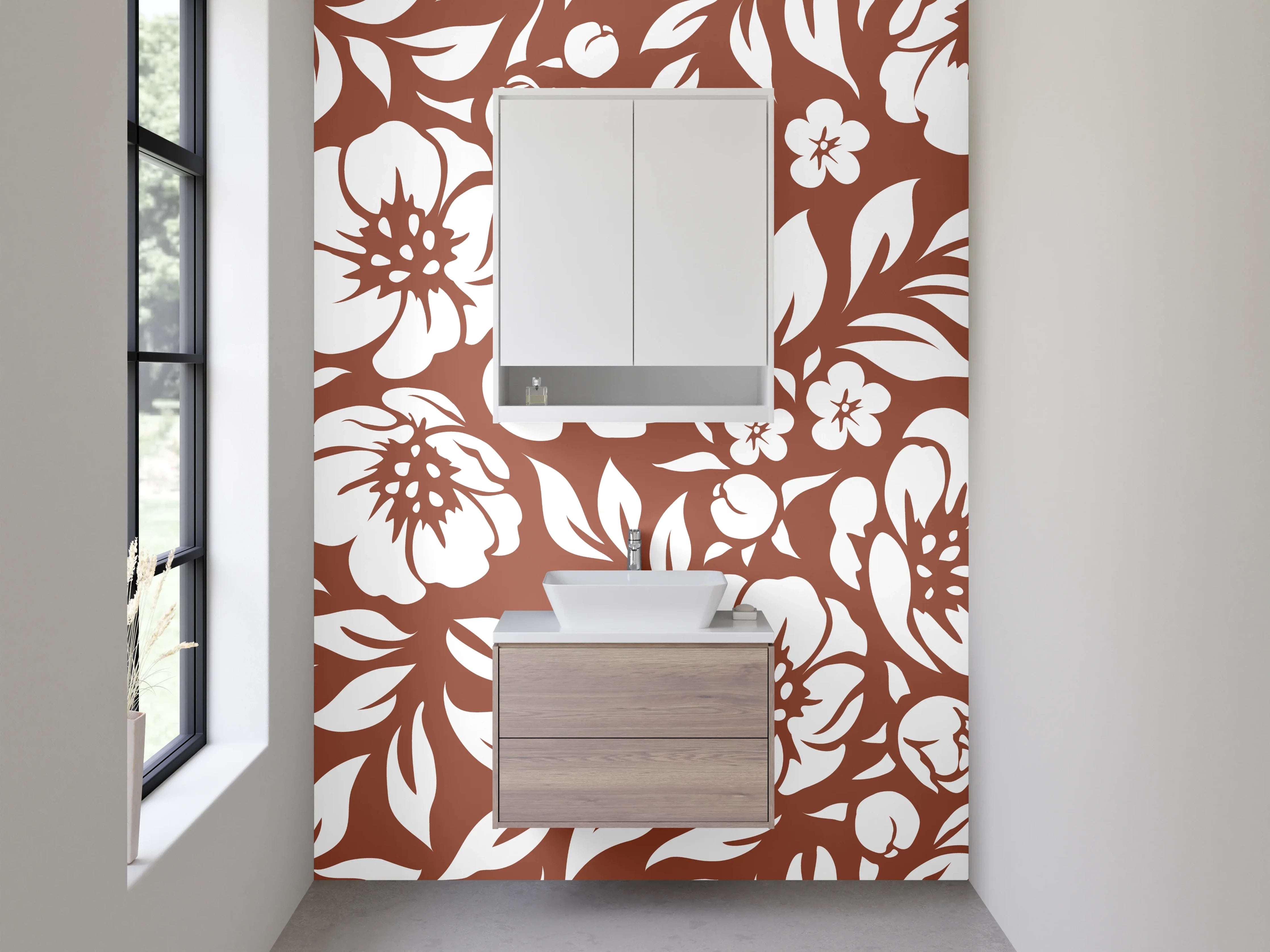 Waschbecken-Rückwand - Blumenmuster Retro Braun Weiß