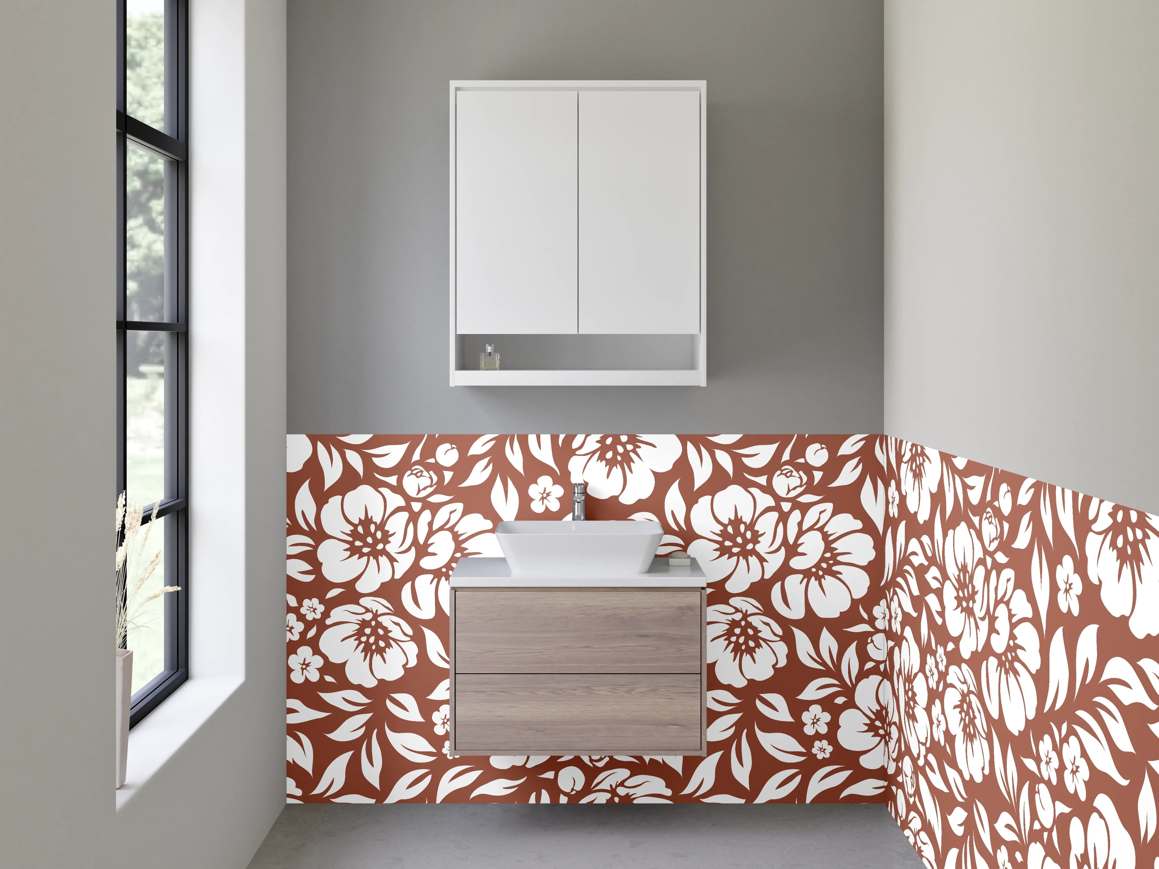 Waschbecken-Rückwand - Blumenmuster Retro Braun Weiß