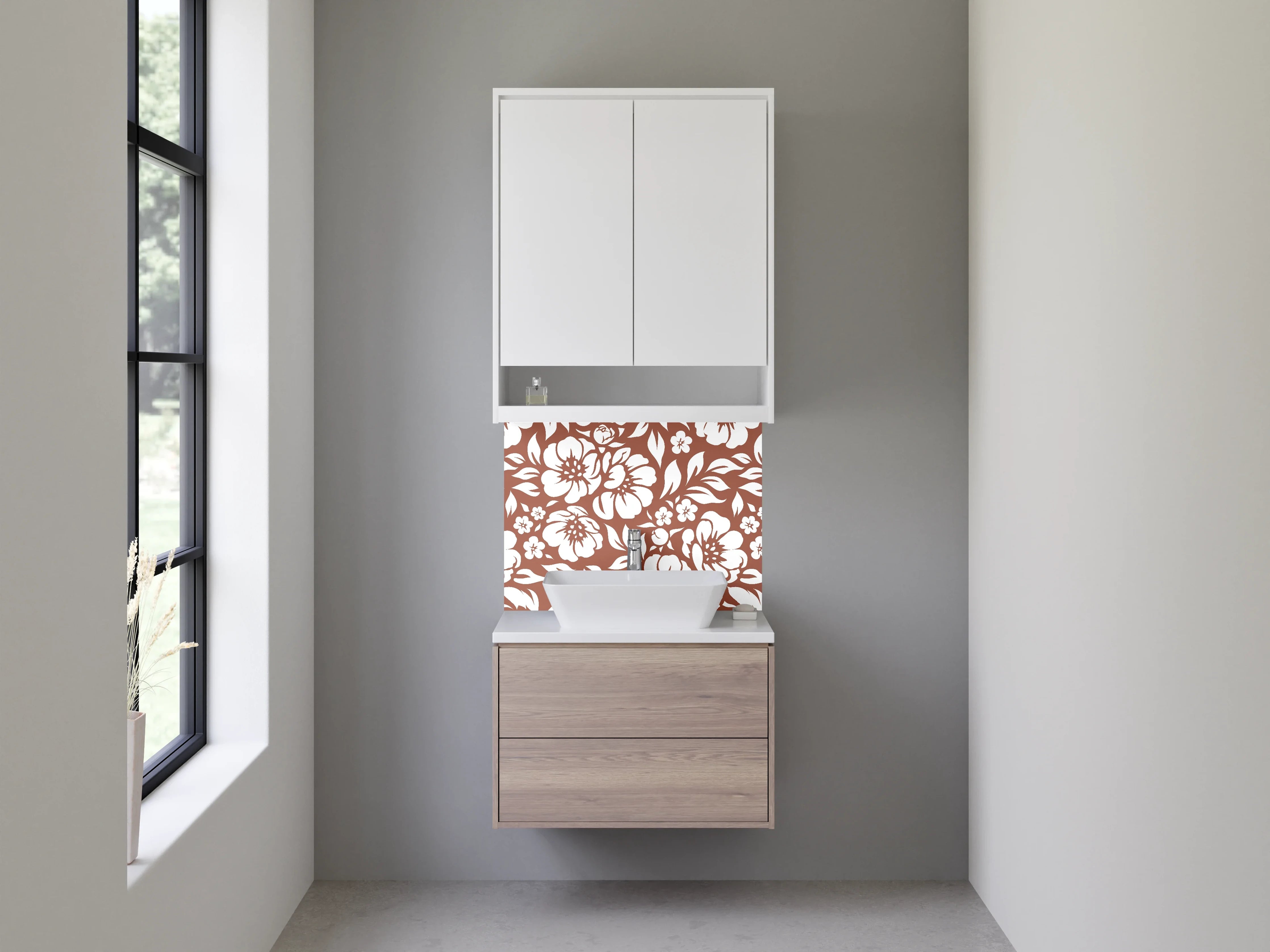 Waschbecken-Rückwand - Blumenmuster Retro Braun Weiß