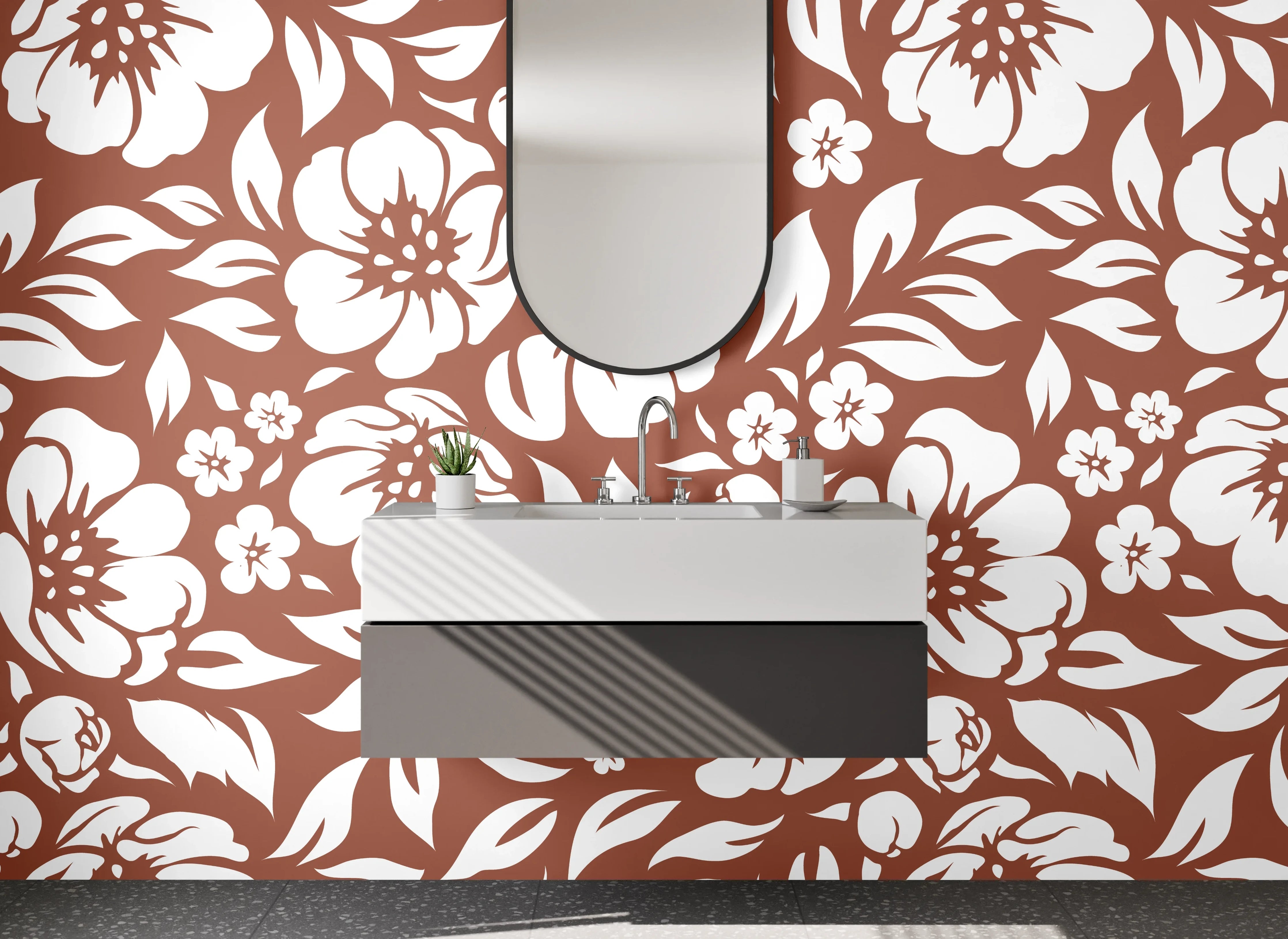 Waschbecken-Rückwand - Blumenmuster Retro Braun Weiß