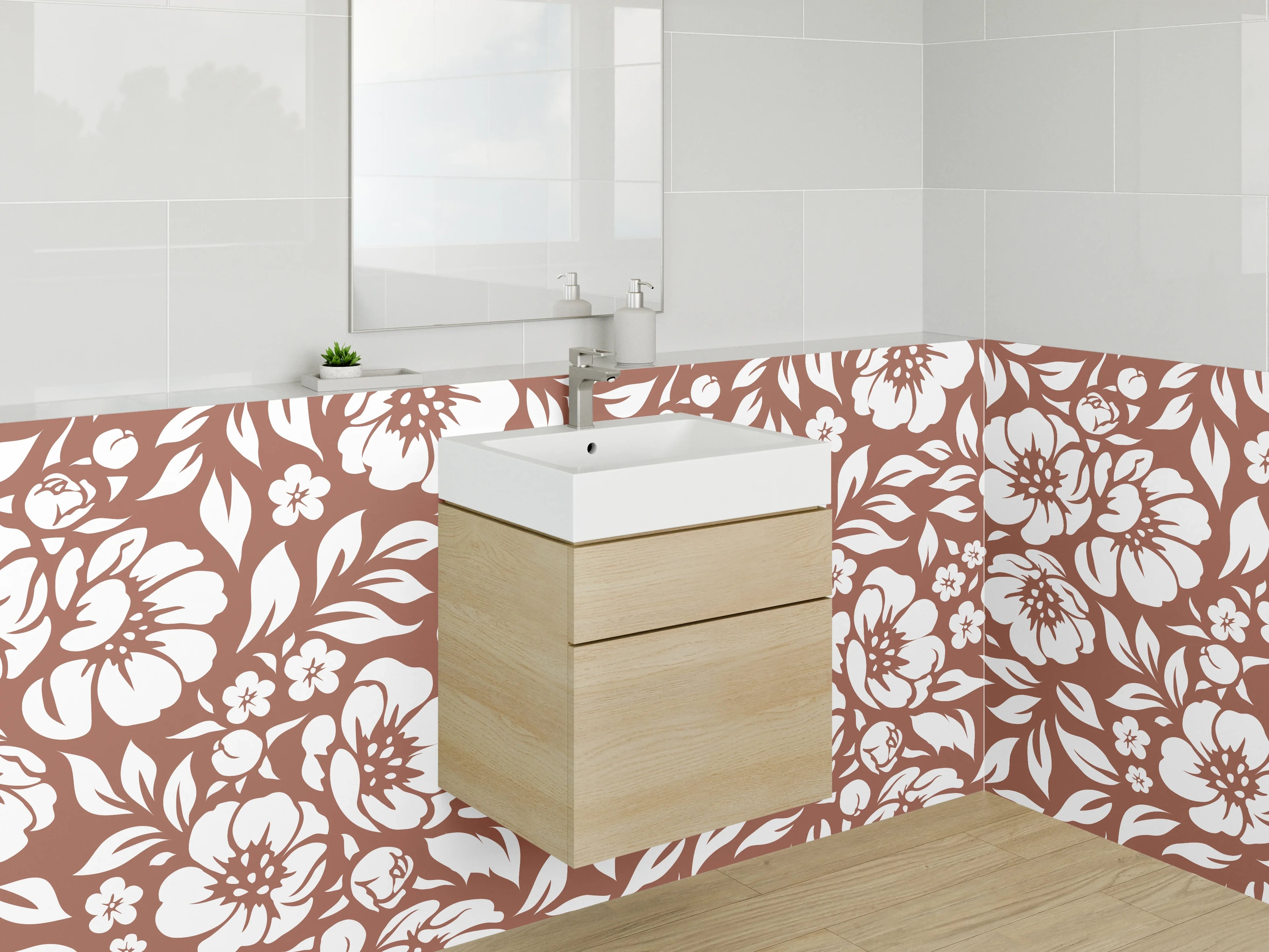 Waschbecken-Rückwand - Blumenmuster Retro Braun Weiß