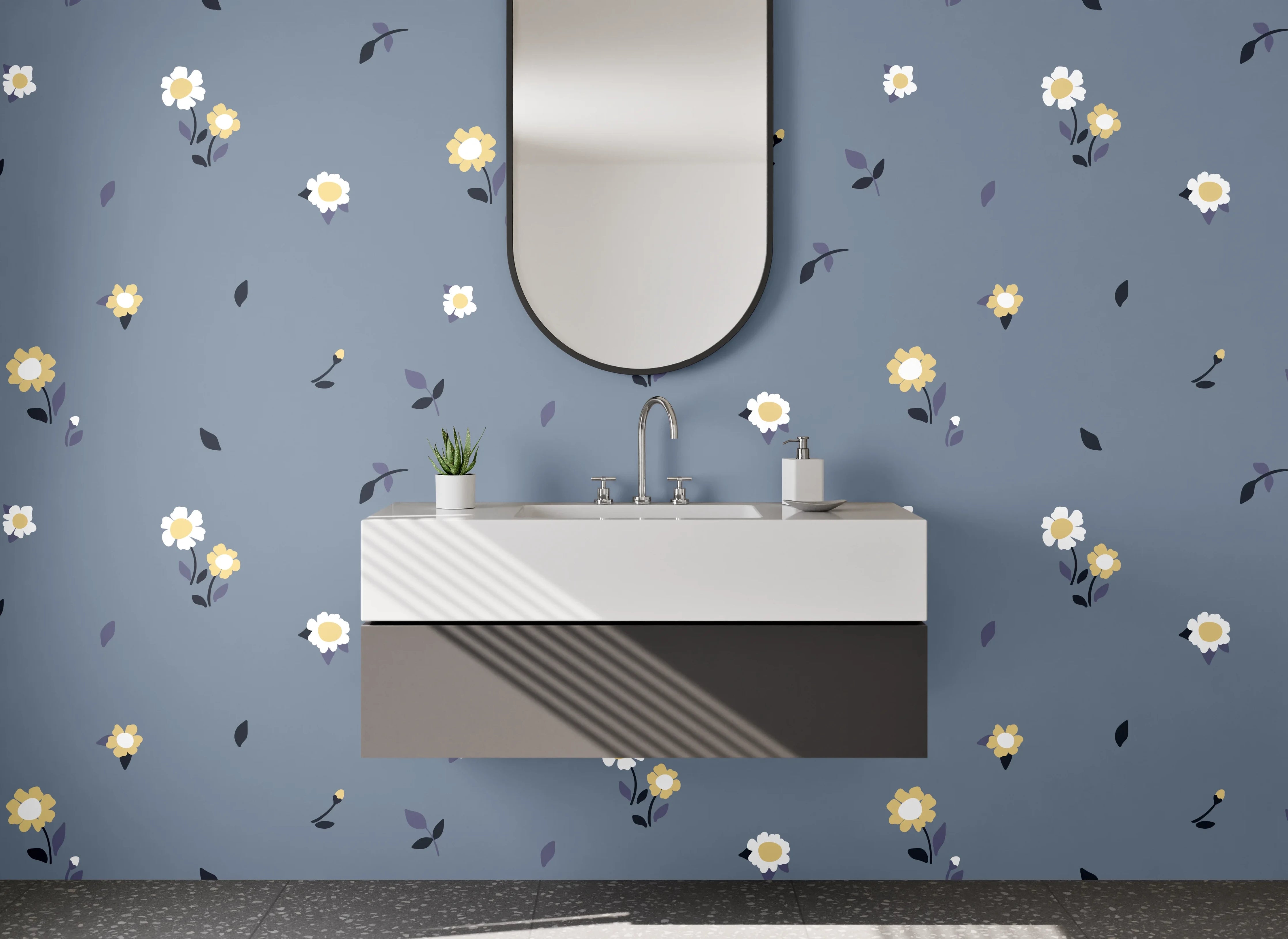 Waschbecken-Rückwand - Blumenmuster auf grauem Grund
