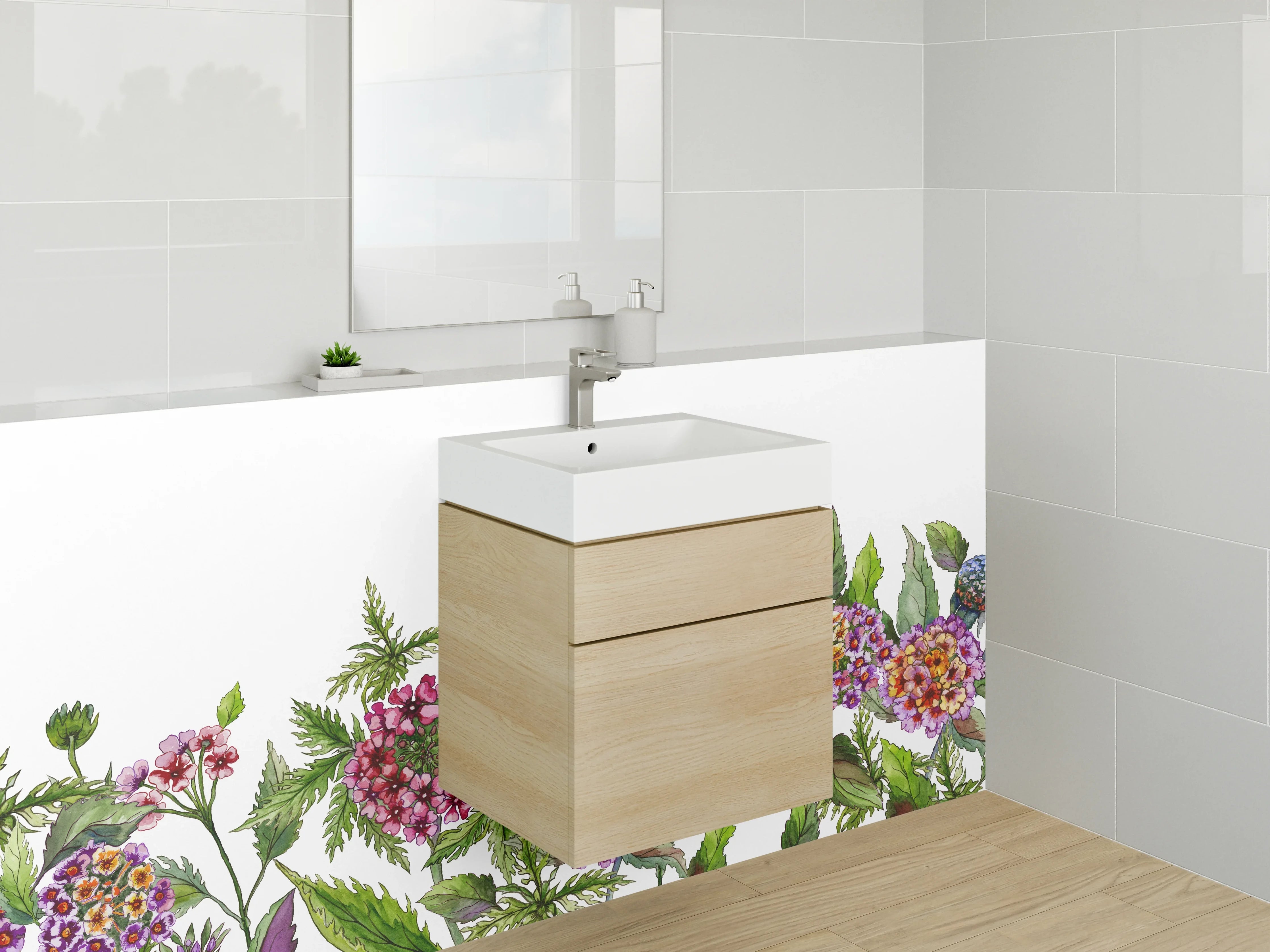 Waschbecken-Rückwand - Blumenmuster mit bunten Blüten und grünen Blättern