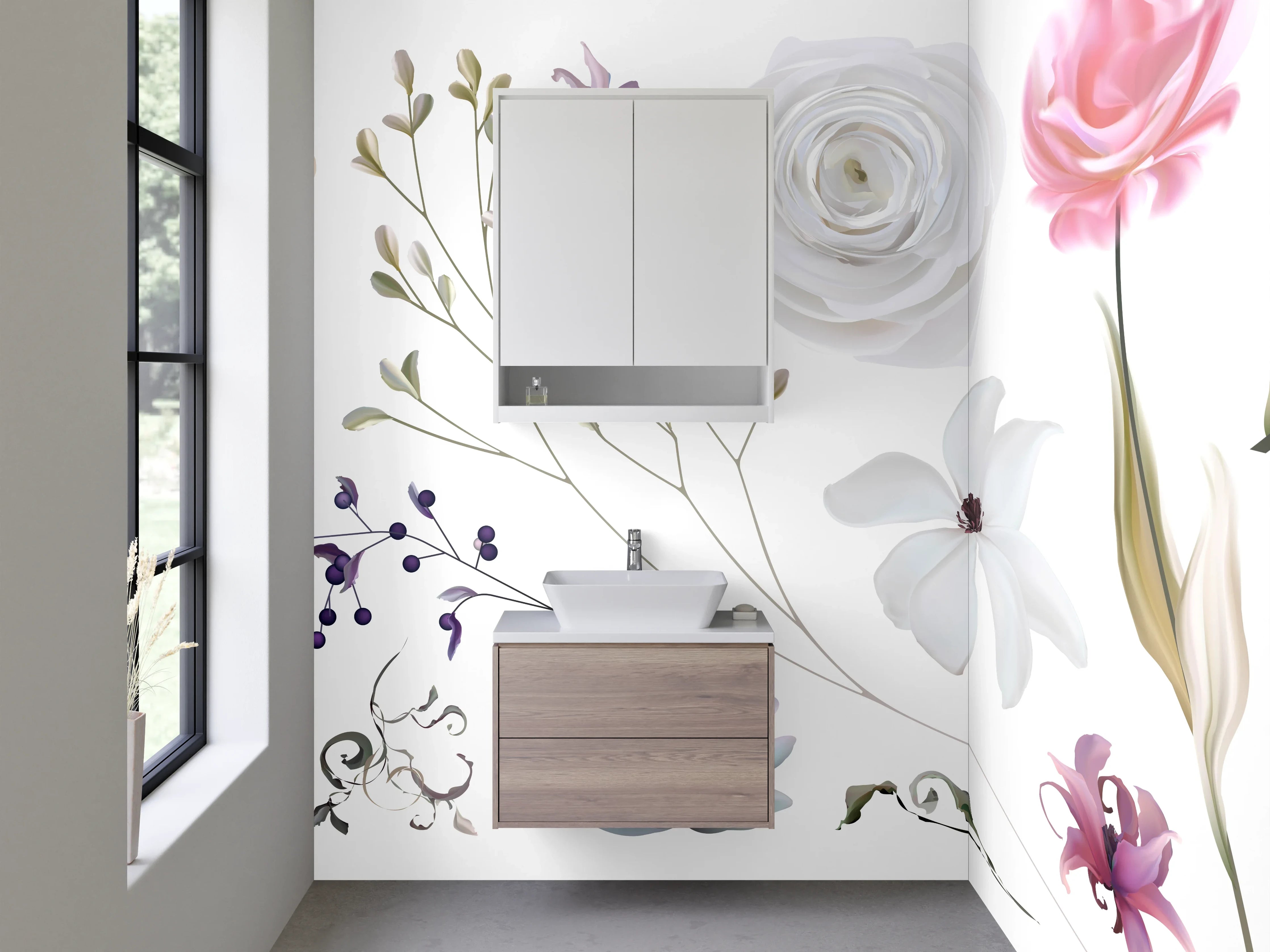 Waschbecken-Rückwand - Blumenmuster mit sanften Farbnuancen