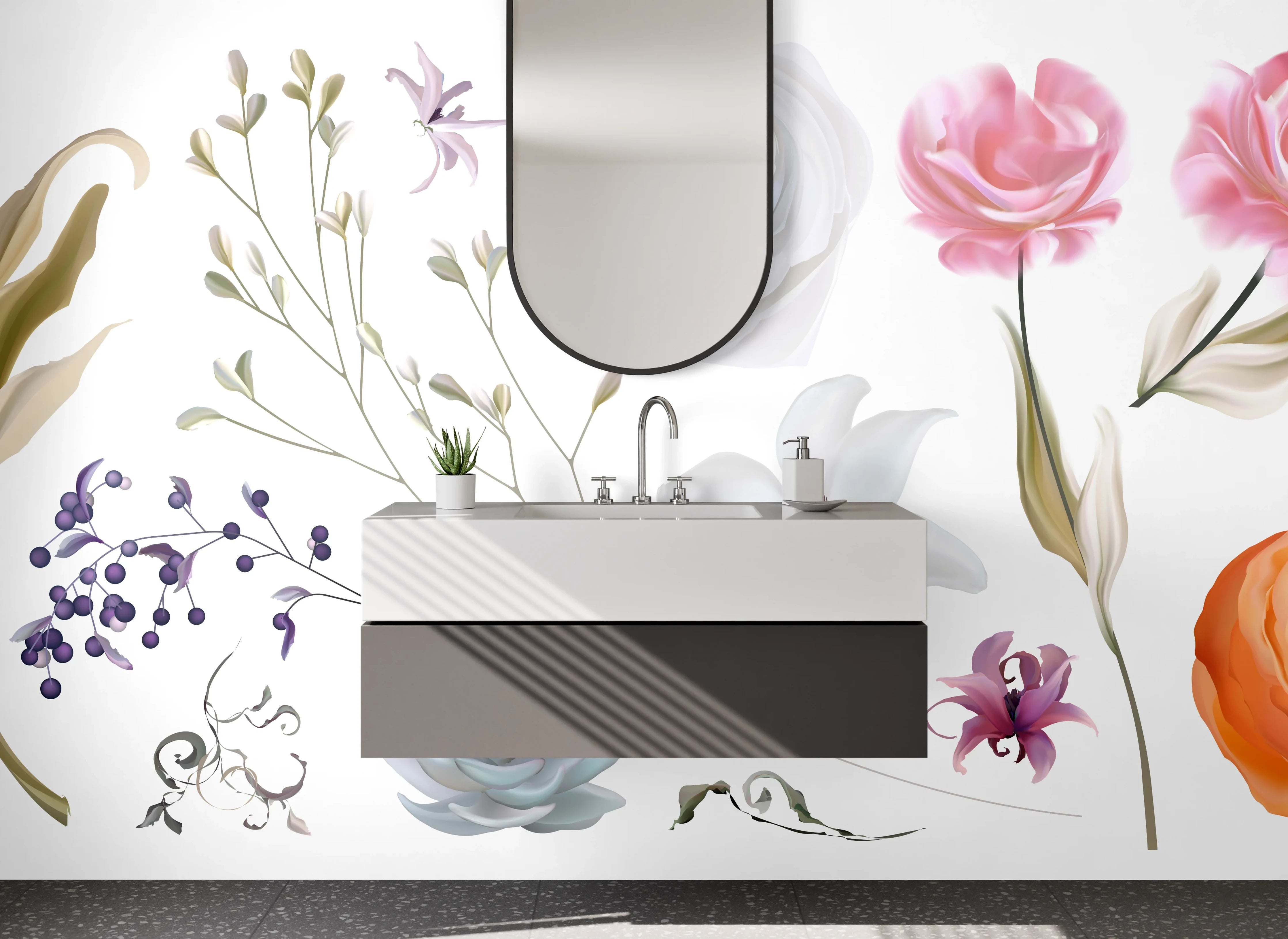 Waschbecken-Rückwand - Blumenmuster mit sanften Farbnuancen