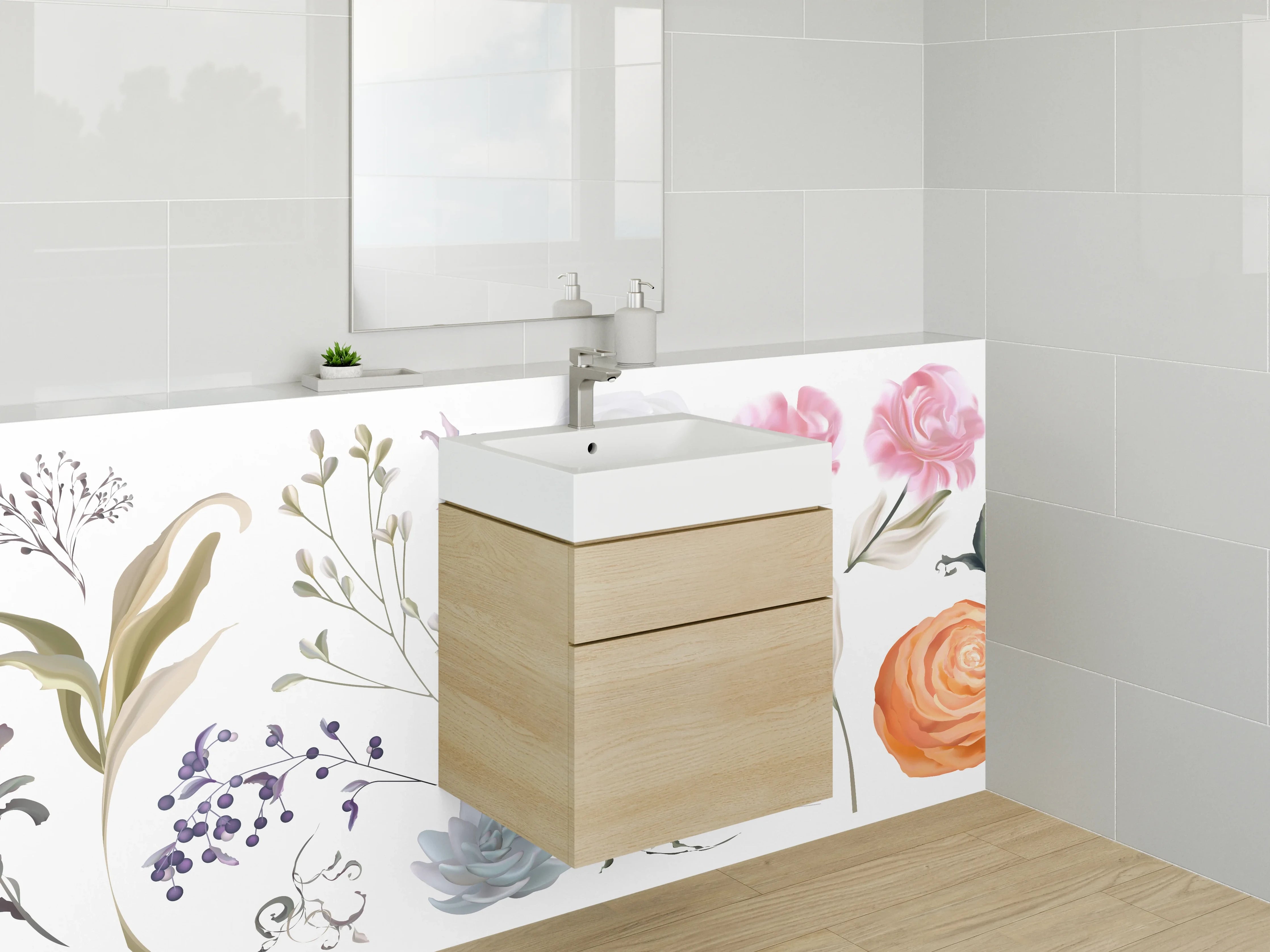 Waschbecken-Rückwand - Blumenmuster mit sanften Farbnuancen