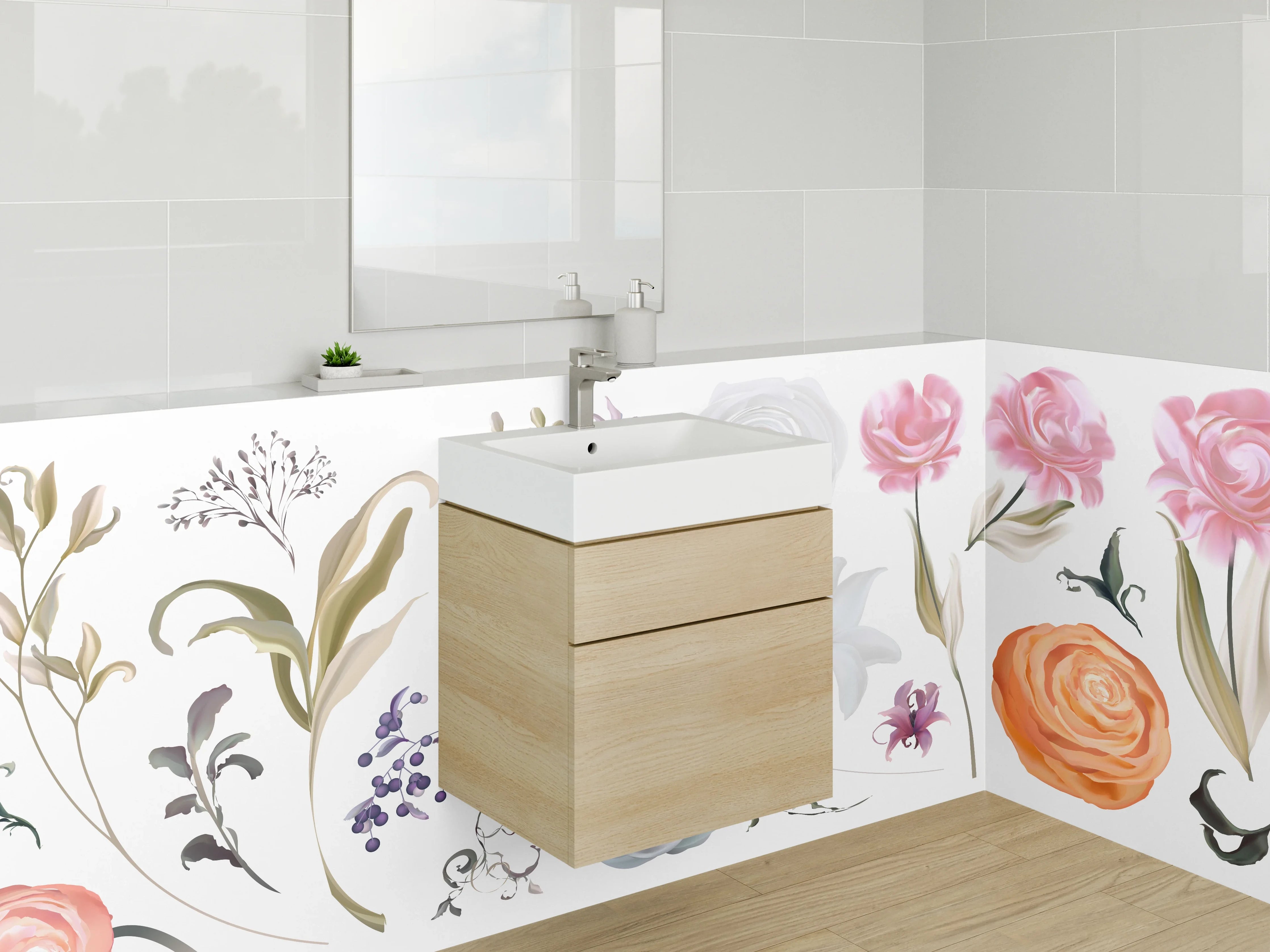 Waschbecken-Rückwand - Blumenmuster mit sanften Farbnuancen