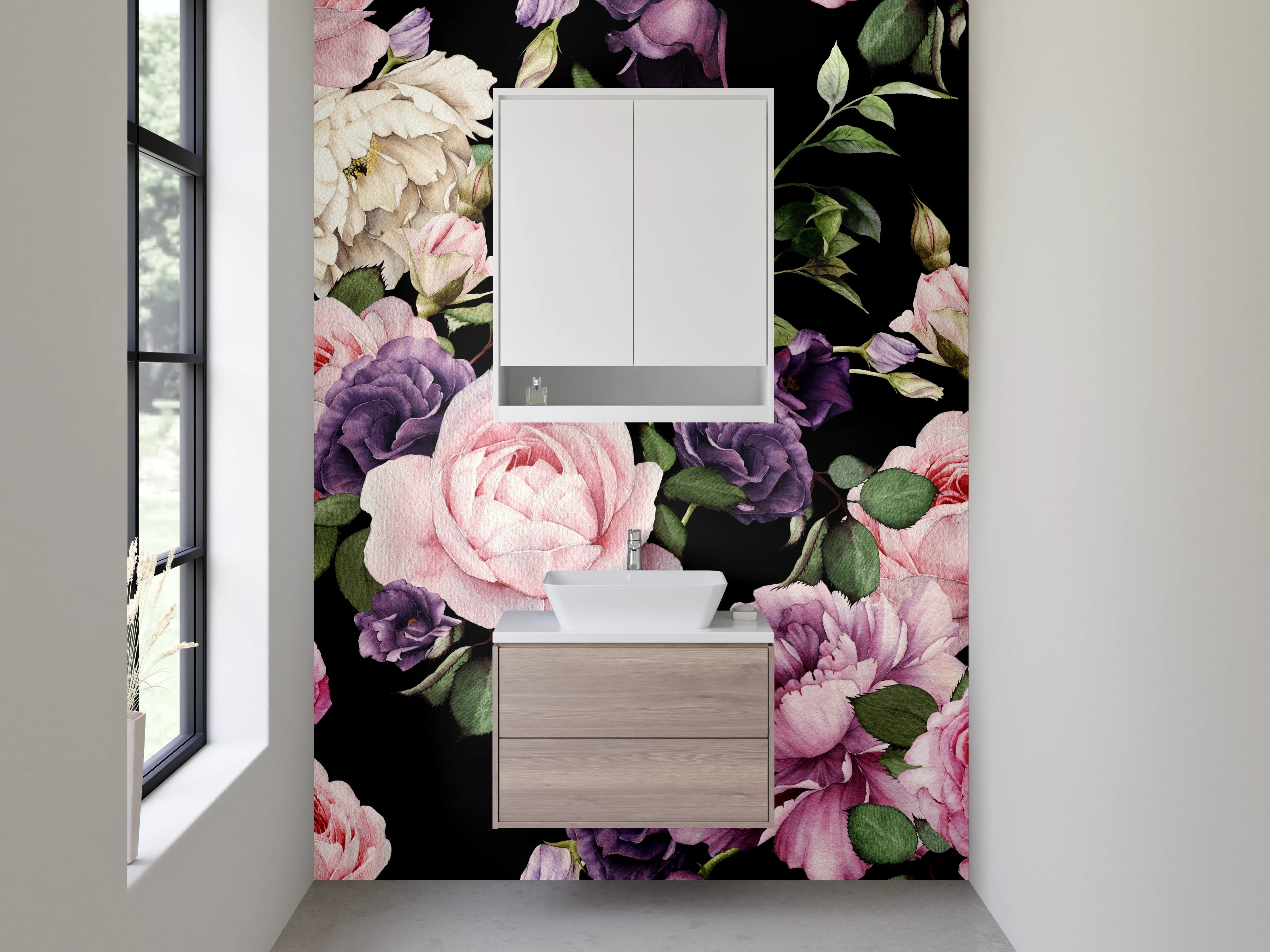 Waschbecken-Rückwand - Blumenpoesie in Grau auf Nachtschwarz