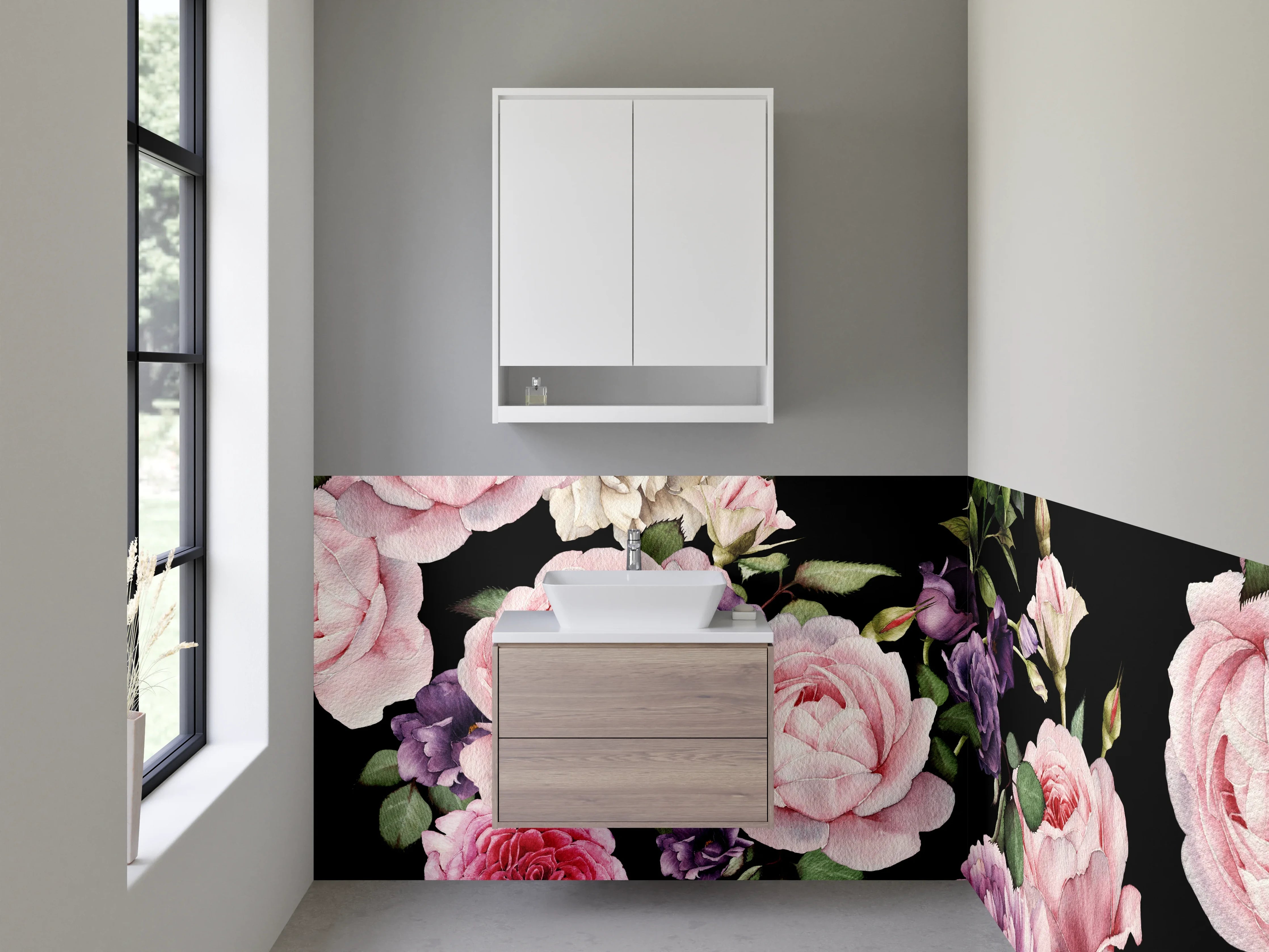 Waschbecken-Rückwand - Blumenpoesie in Grau auf Nachtschwarz