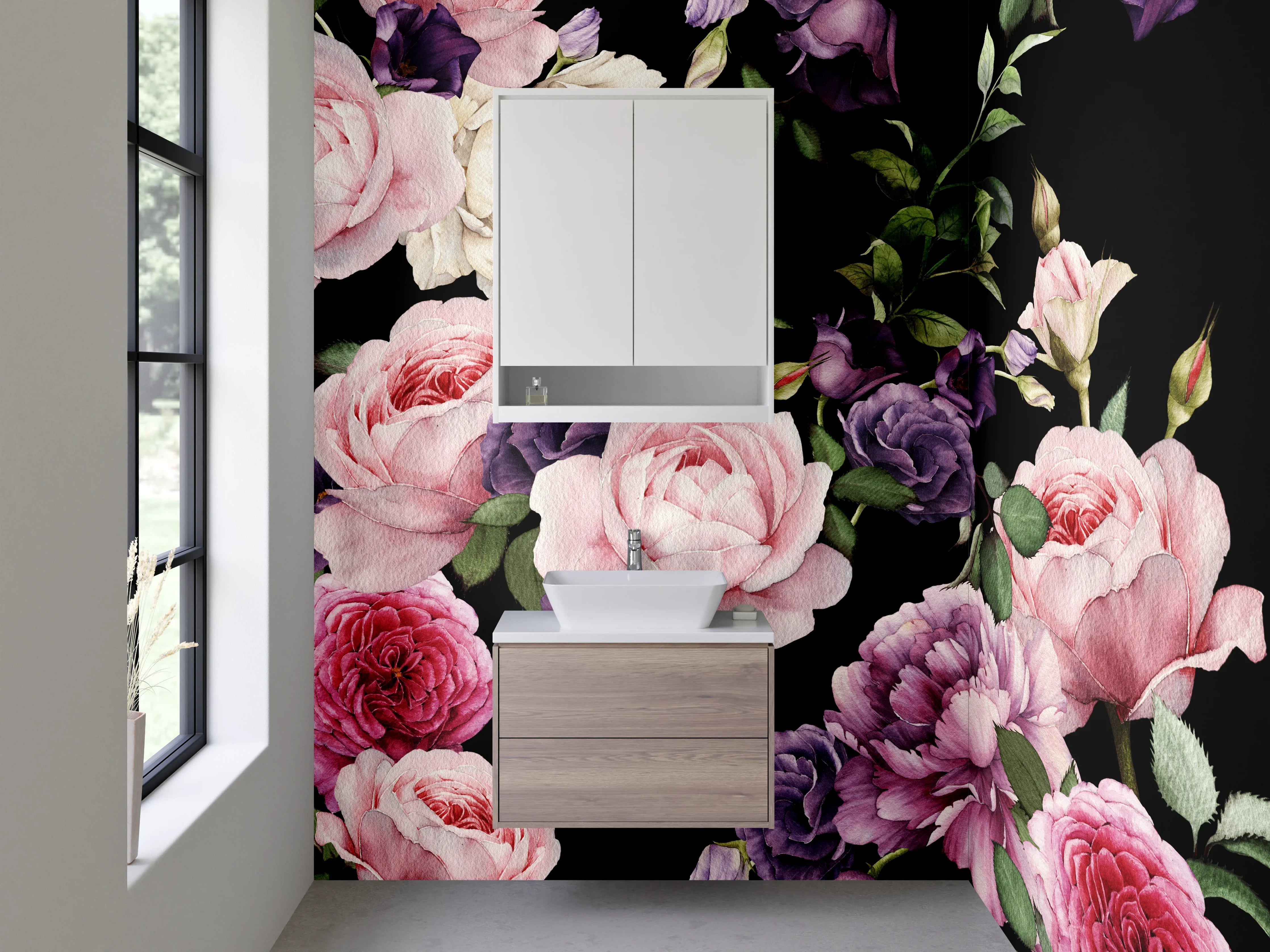 Waschbecken-Rückwand - Blumenpoesie in Grau auf Nachtschwarz