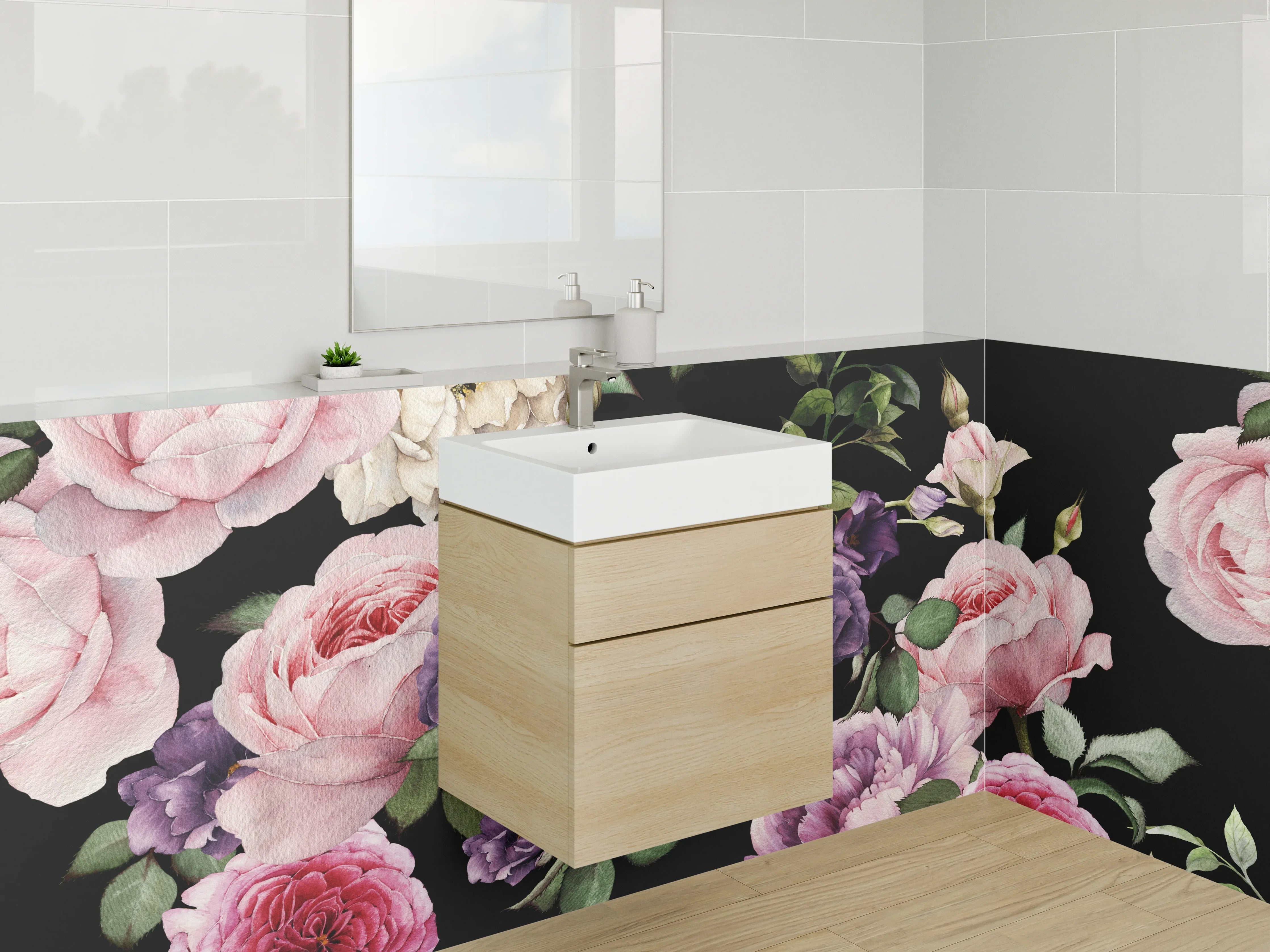 Waschbecken-Rückwand - Blumenpoesie in Grau auf Nachtschwarz