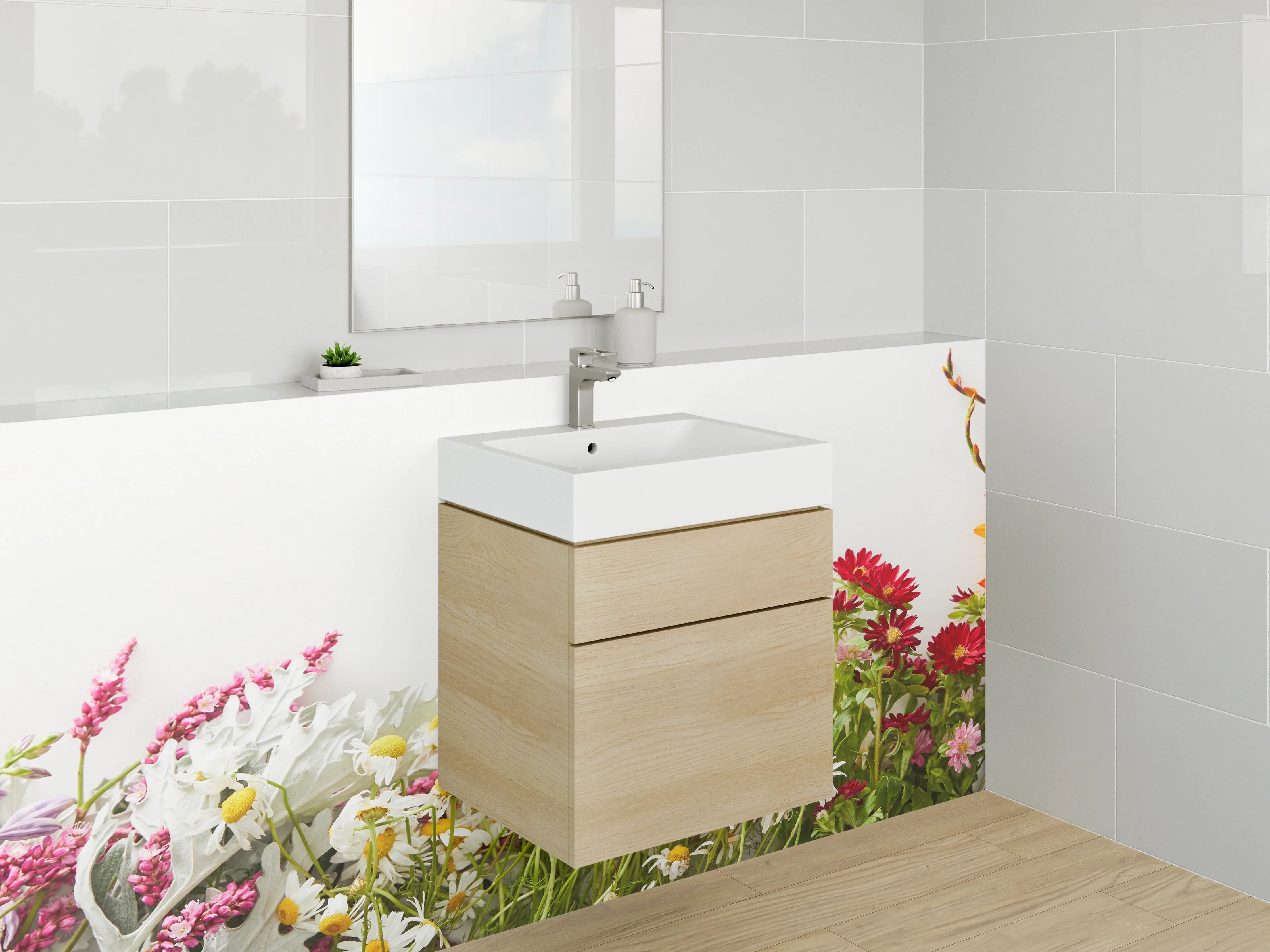Waschbecken-Rückwand - Blumenwiese auf Weiß