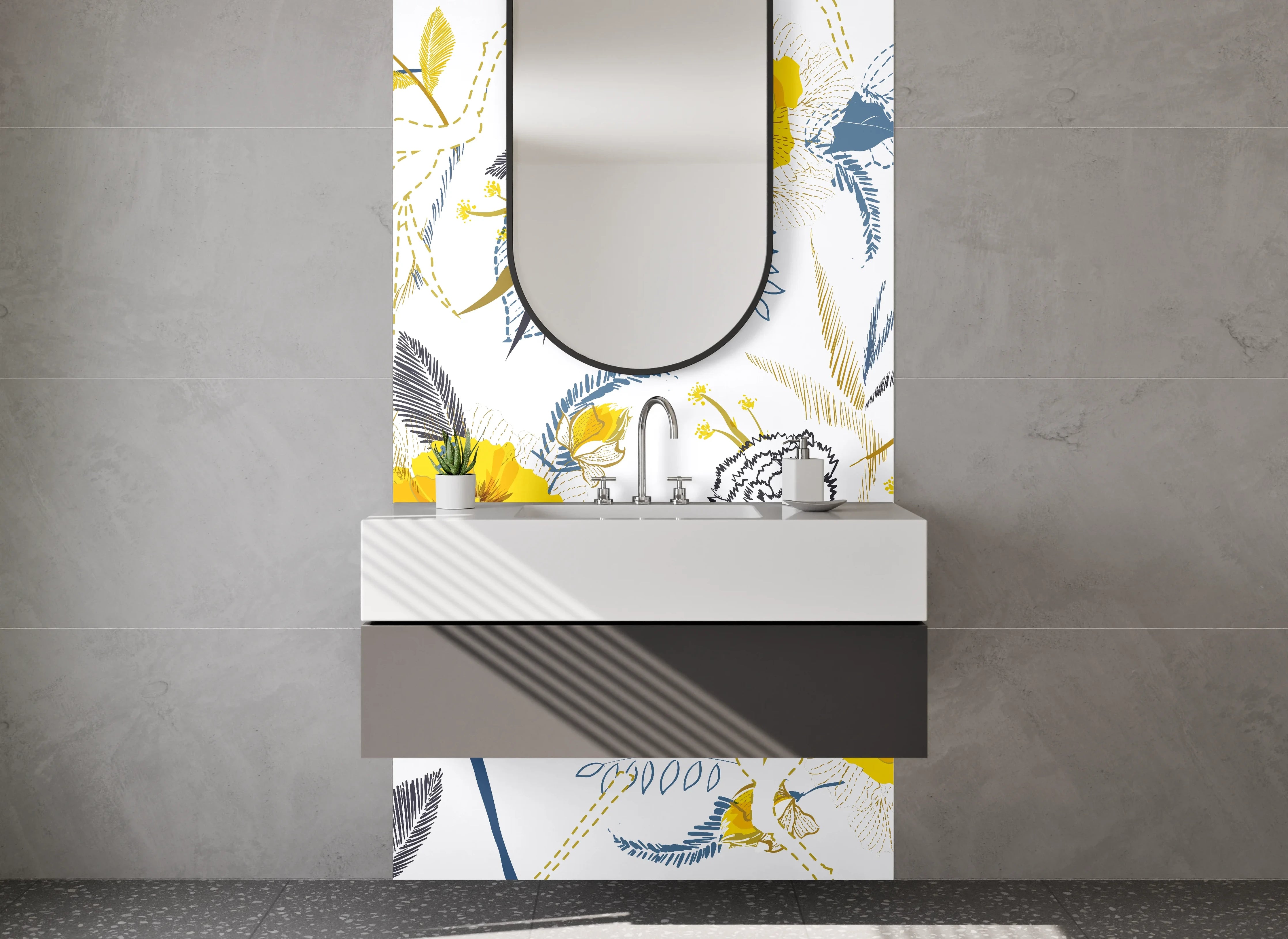 Waschbecken-Rückwand - Blumiges Aquarell-Design gelb blau
