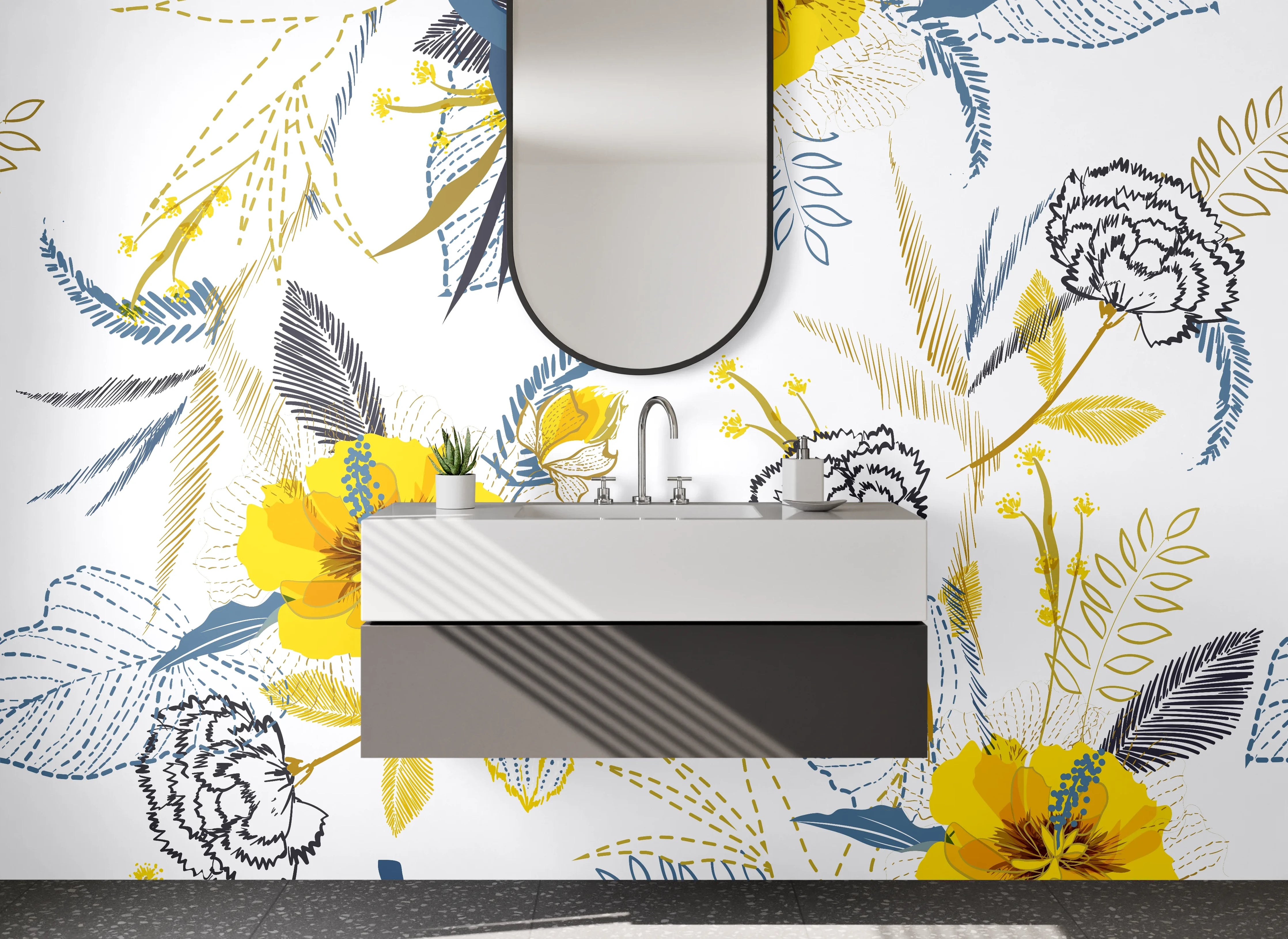 Waschbecken-Rückwand - Blumiges Aquarell-Design gelb blau