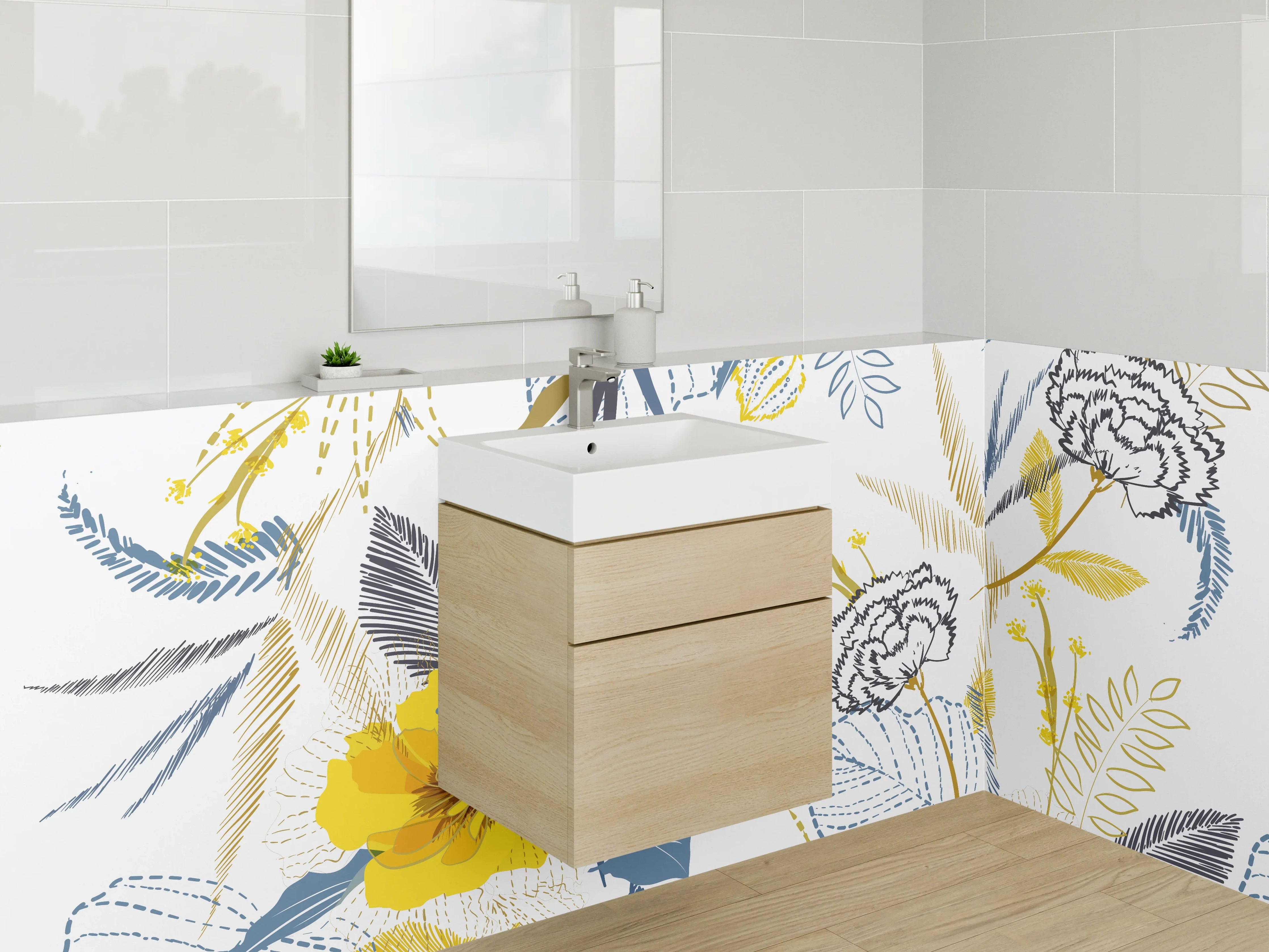 Waschbecken-Rückwand - Blumiges Aquarell-Design gelb blau