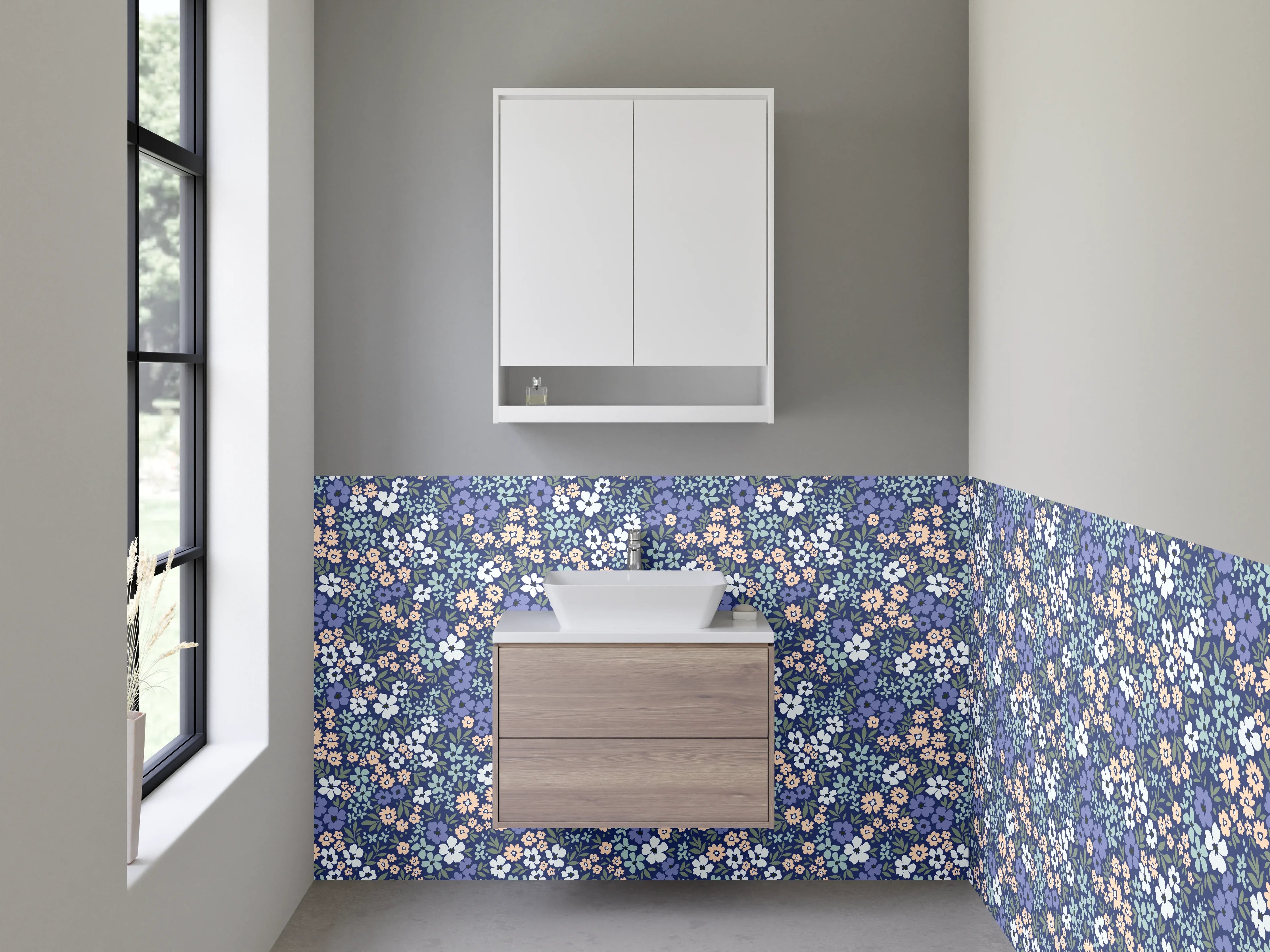 Waschbecken-Rückwand - Blumiges Retro-Muster Blau Beige Weiß