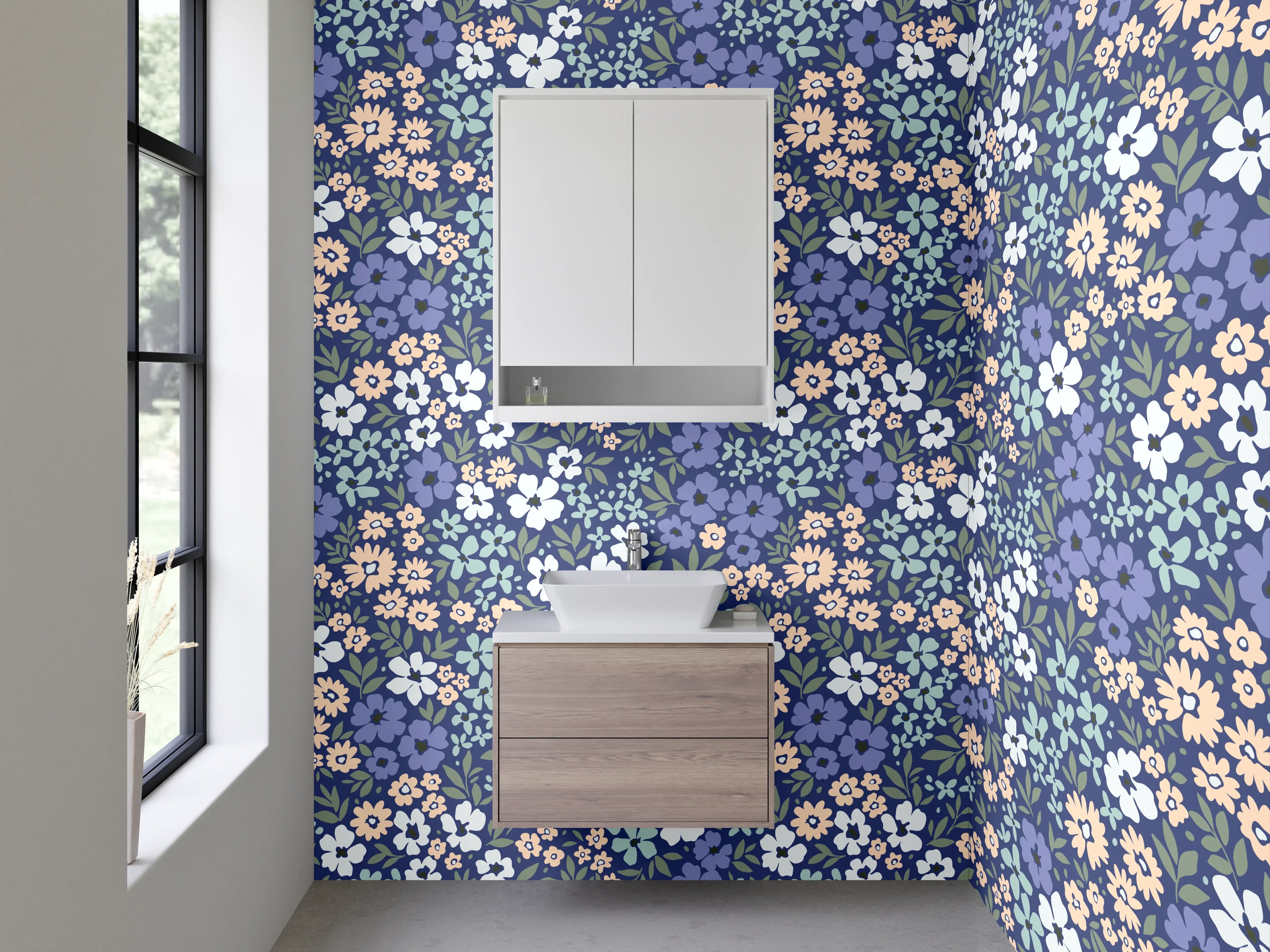 Waschbecken-Rückwand - Blumiges Retro-Muster Blau Beige Weiß