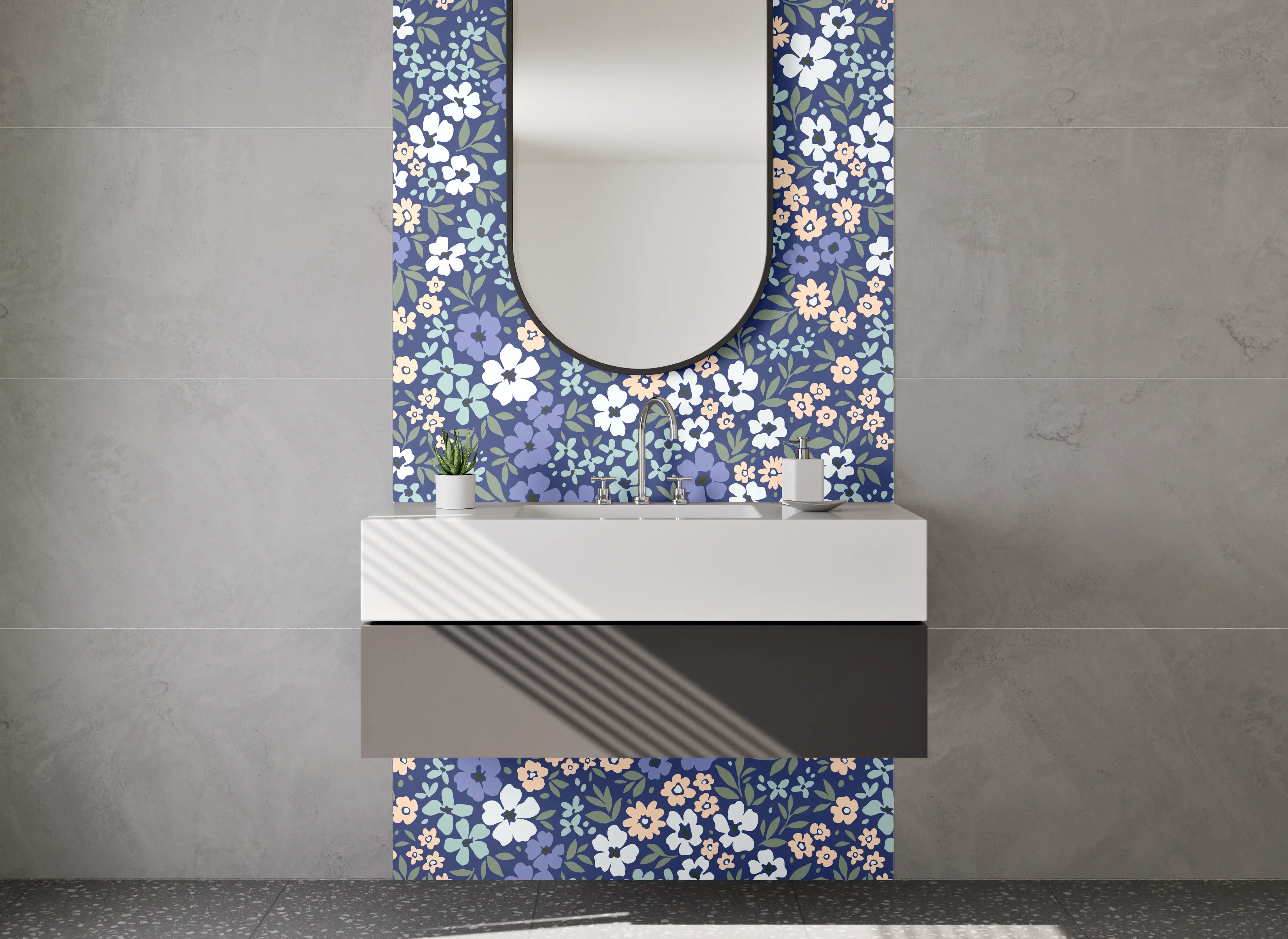 Waschbecken-Rückwand - Blumiges Retro-Muster Blau Beige Weiß