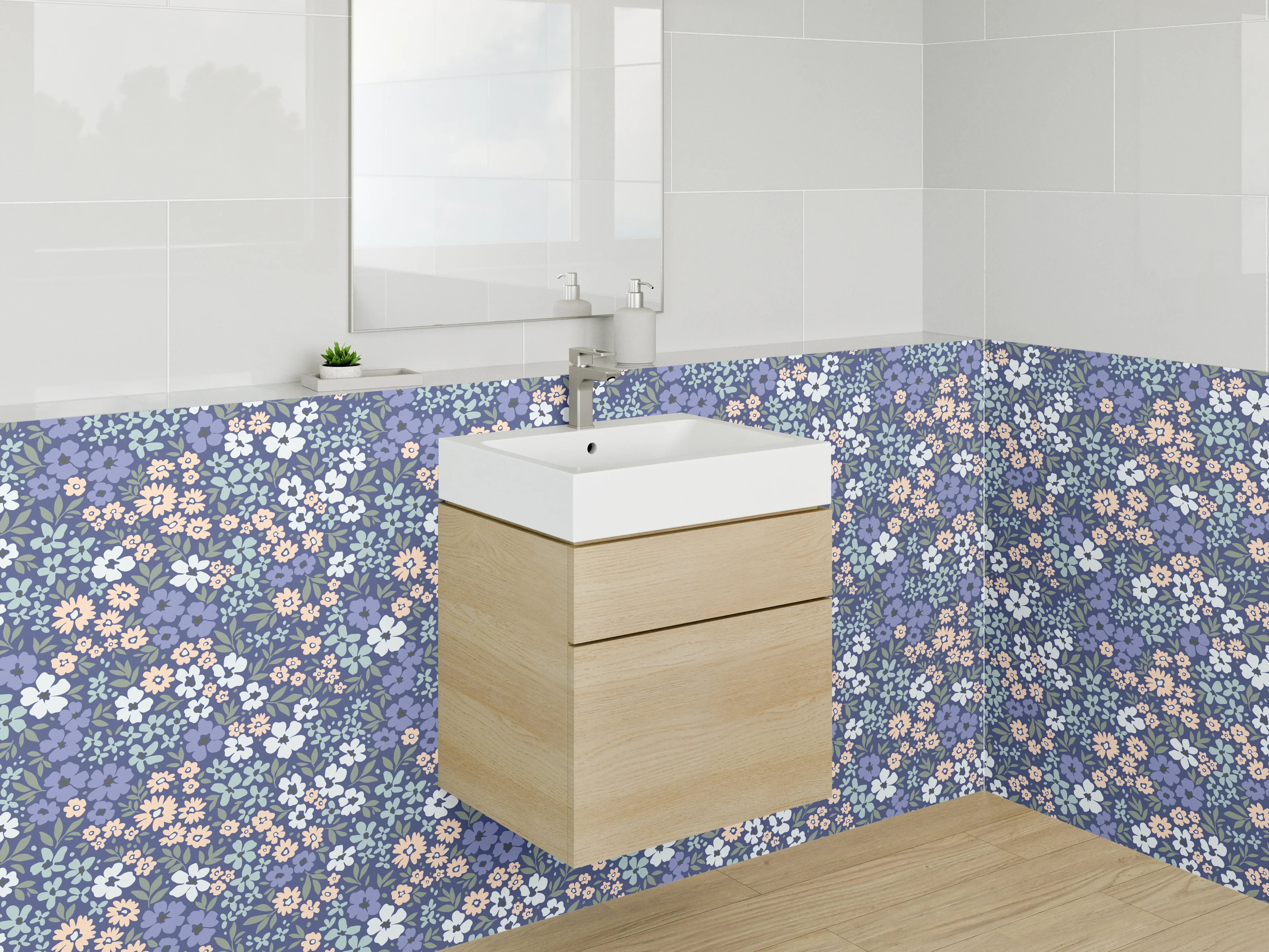 Waschbecken-Rückwand - Blumiges Retro-Muster Blau Beige Weiß