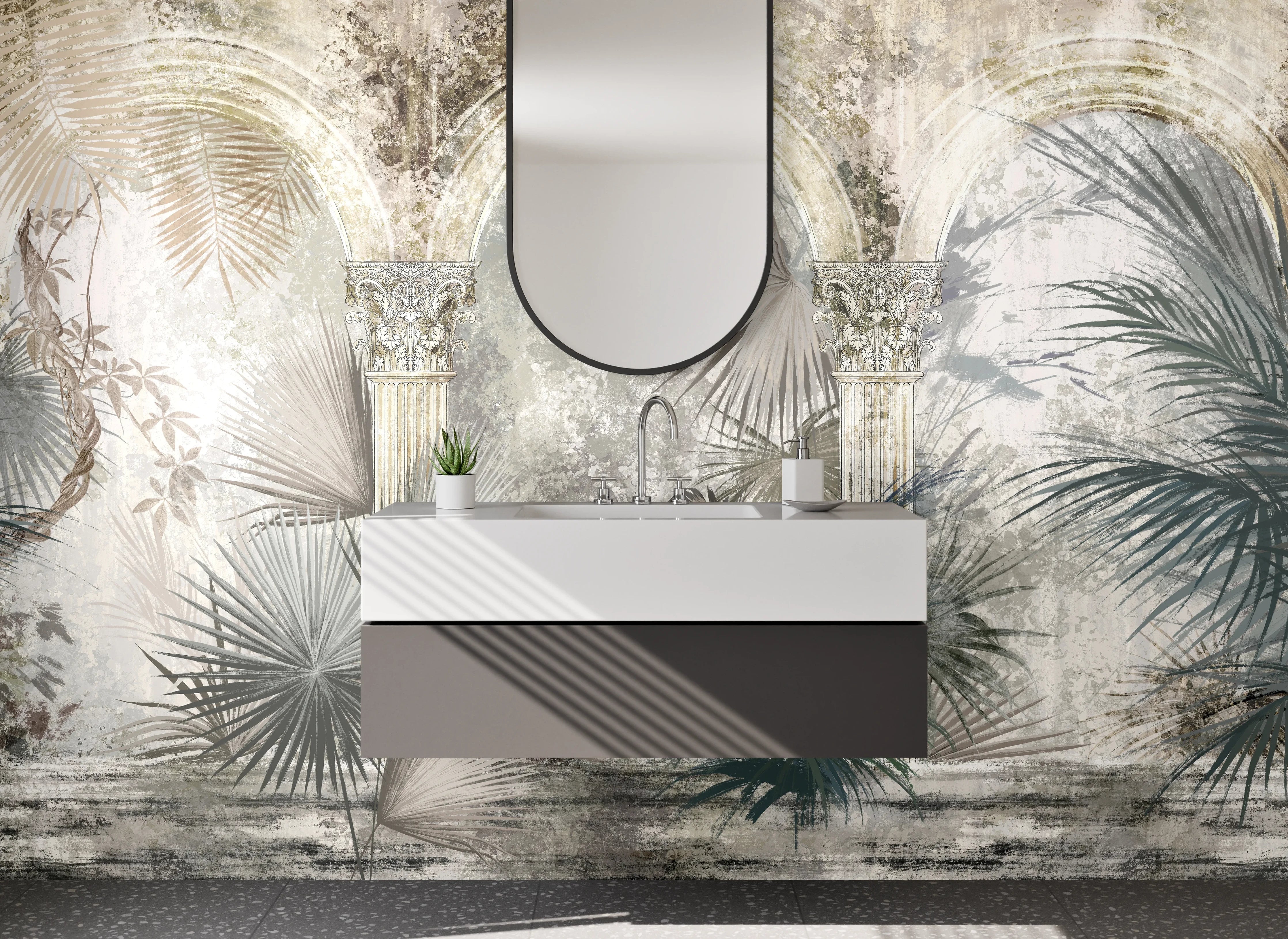 Waschbecken-Rückwand - Botanische Antike Illustration Grau-Beige